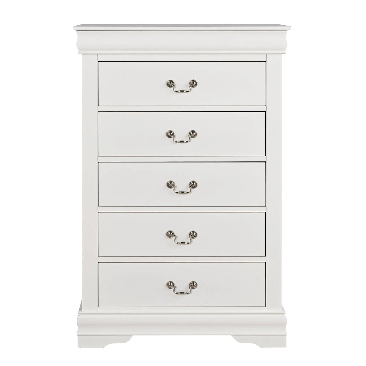 White 5-drawer chest with silver decorative drawer pulls