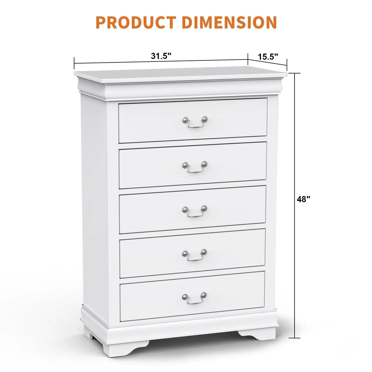 White 5-drawer chest of drawers, front view with top molding and drawer-pull details