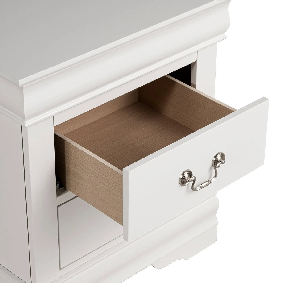 White night stand with open top drawer showing wood interior and curved silver handle