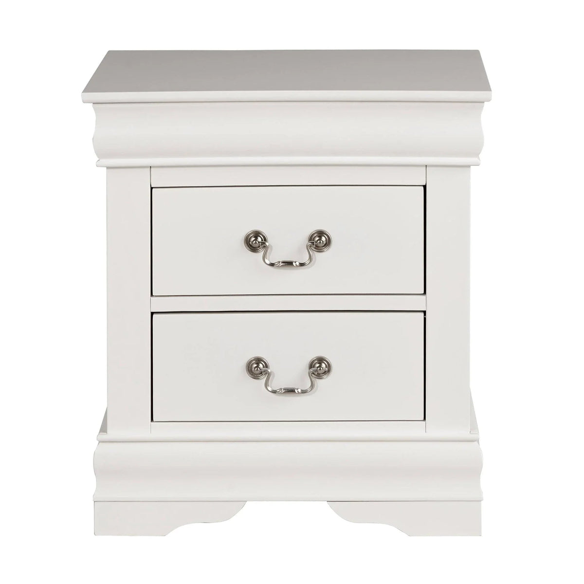 White nightstand with two drawers and ornate metal cup pulls; front view