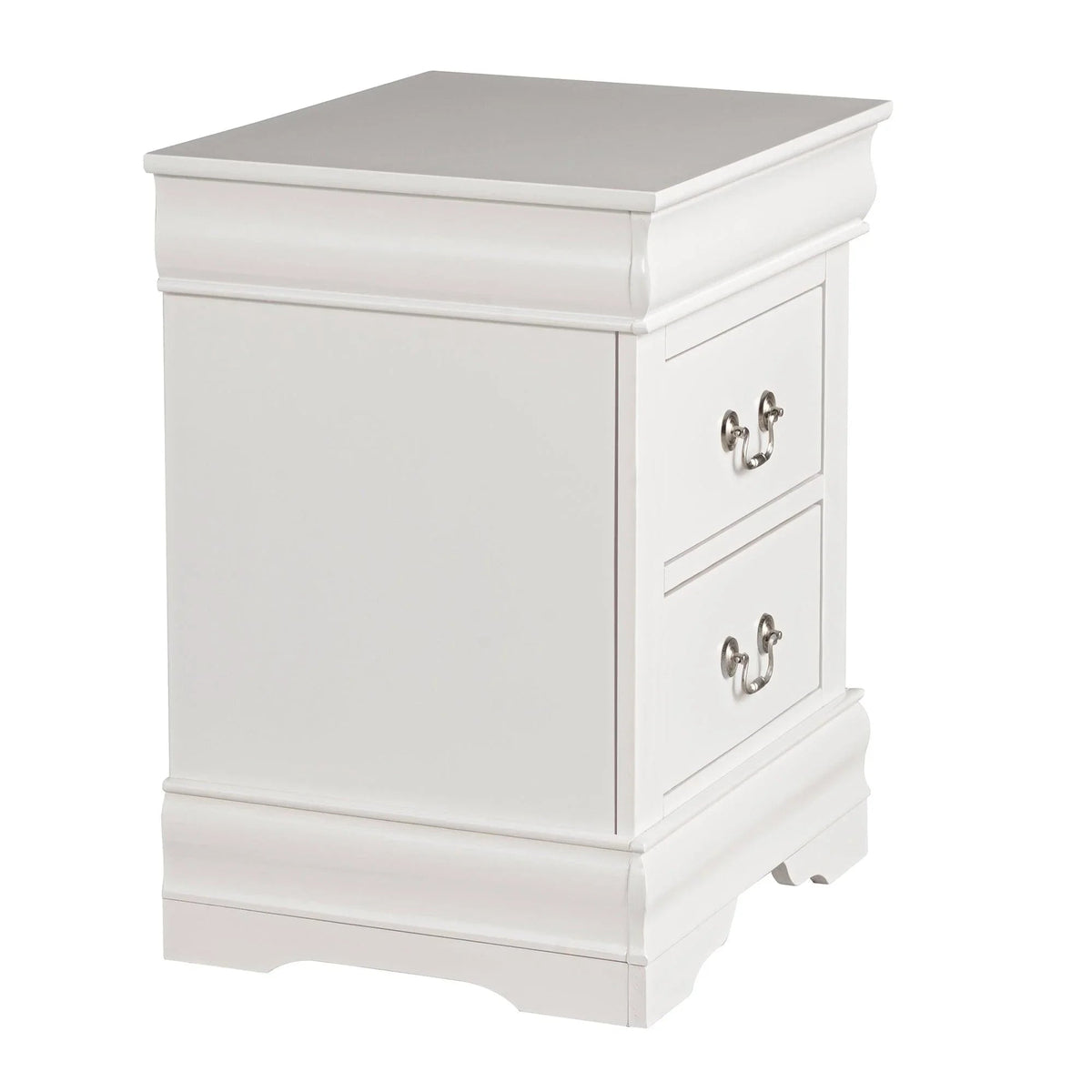 White night stand with two drawers and curved metal handles, raised panel detailing