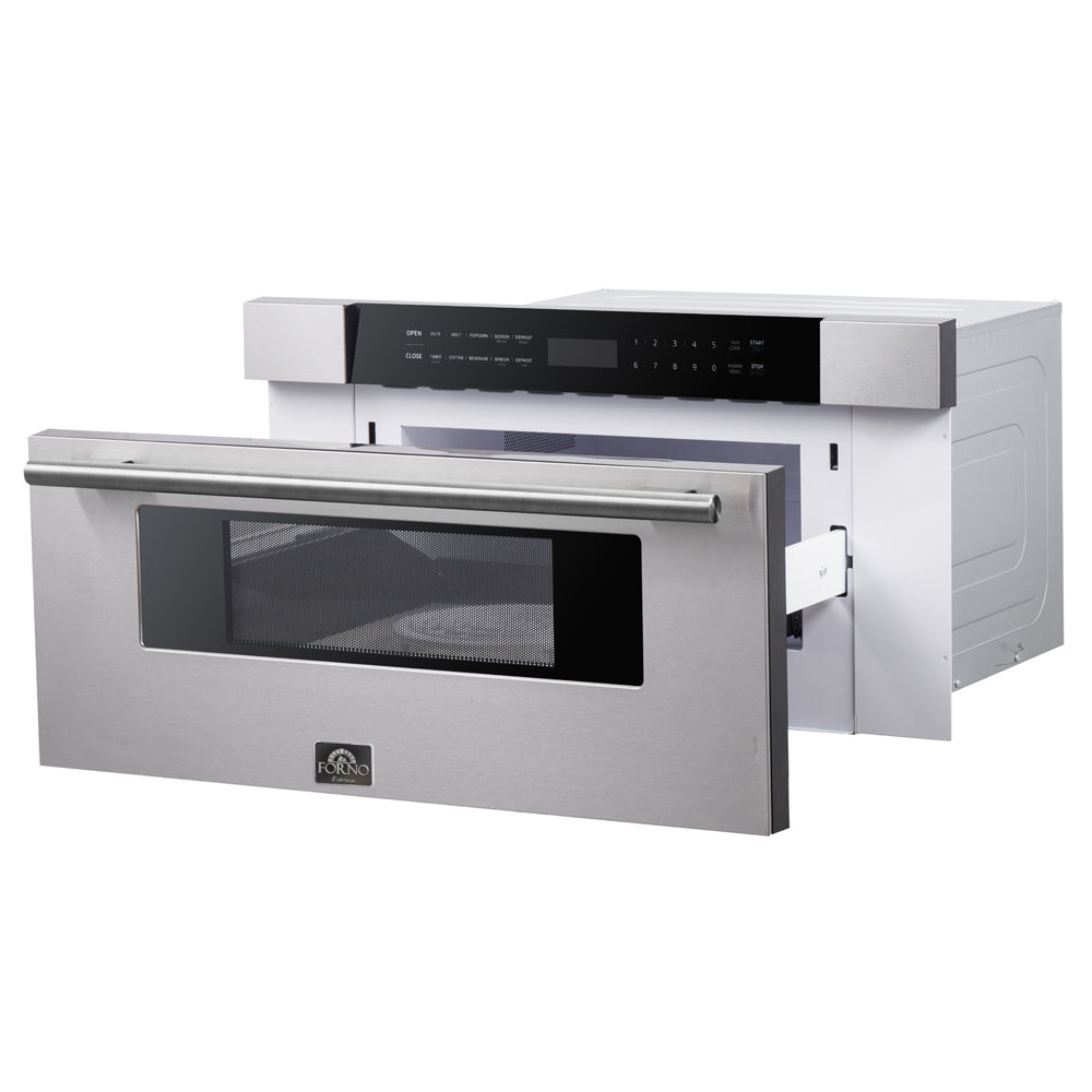 Stainless steel microwave drawer with open drawer and front vent grille