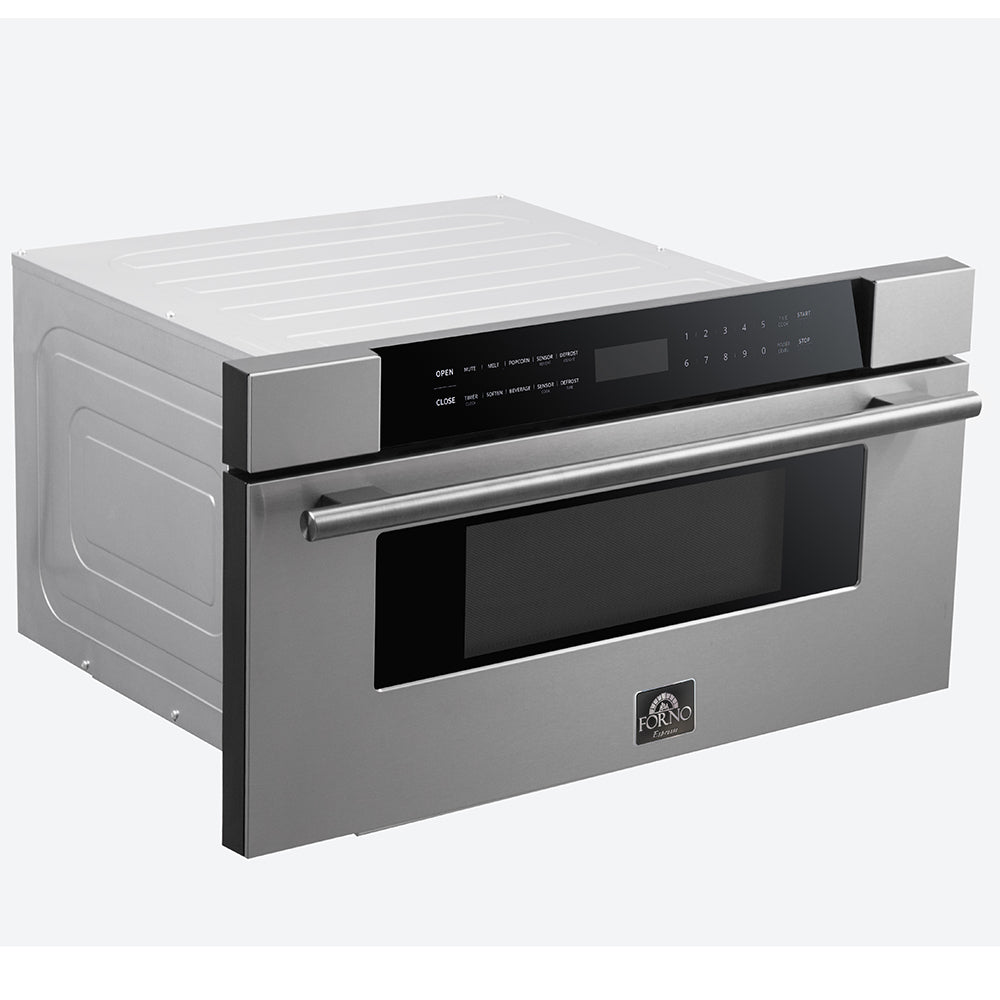 Black microwave drawer with stainless handle and open door