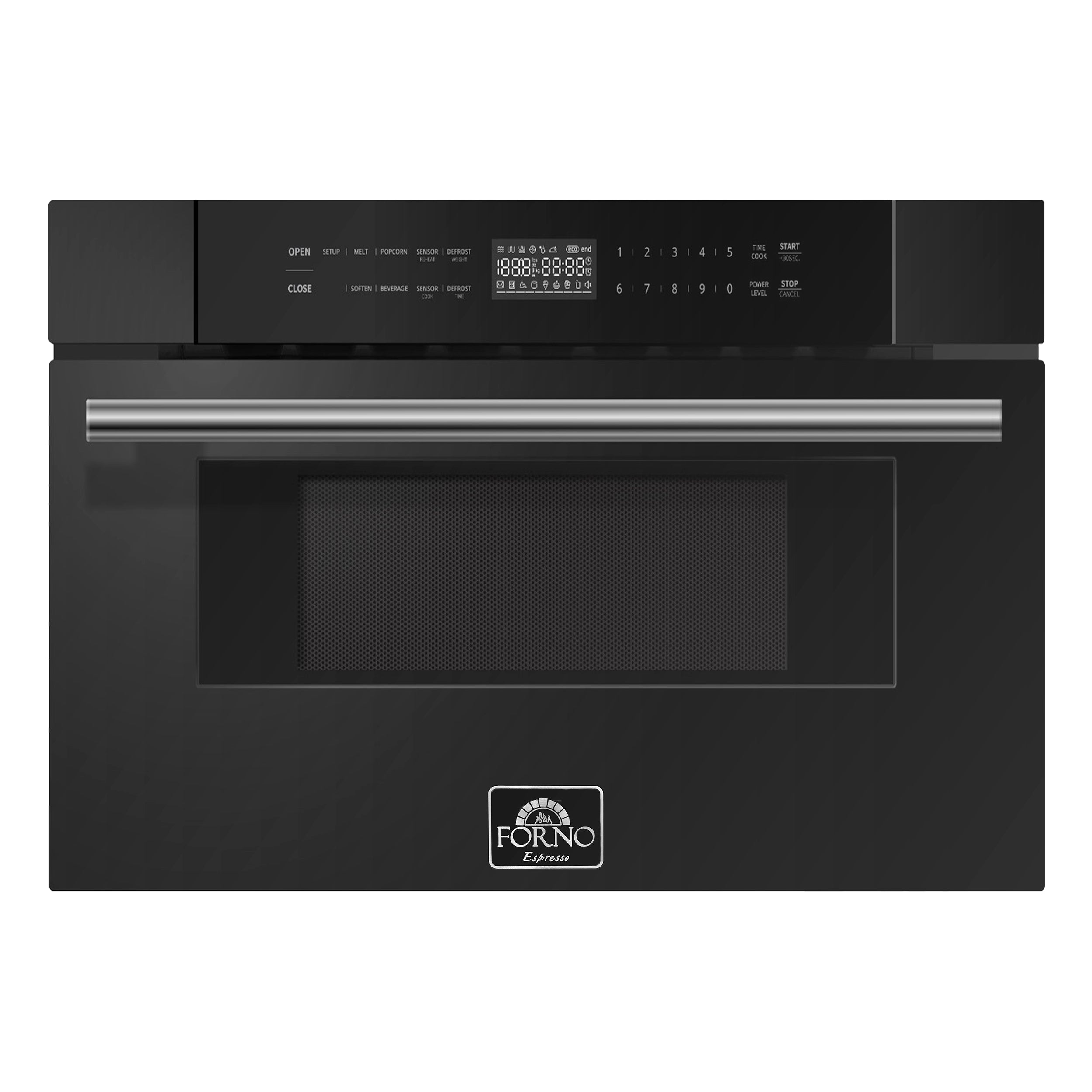 Black microwave drawer front with stainless handle and digital control display.