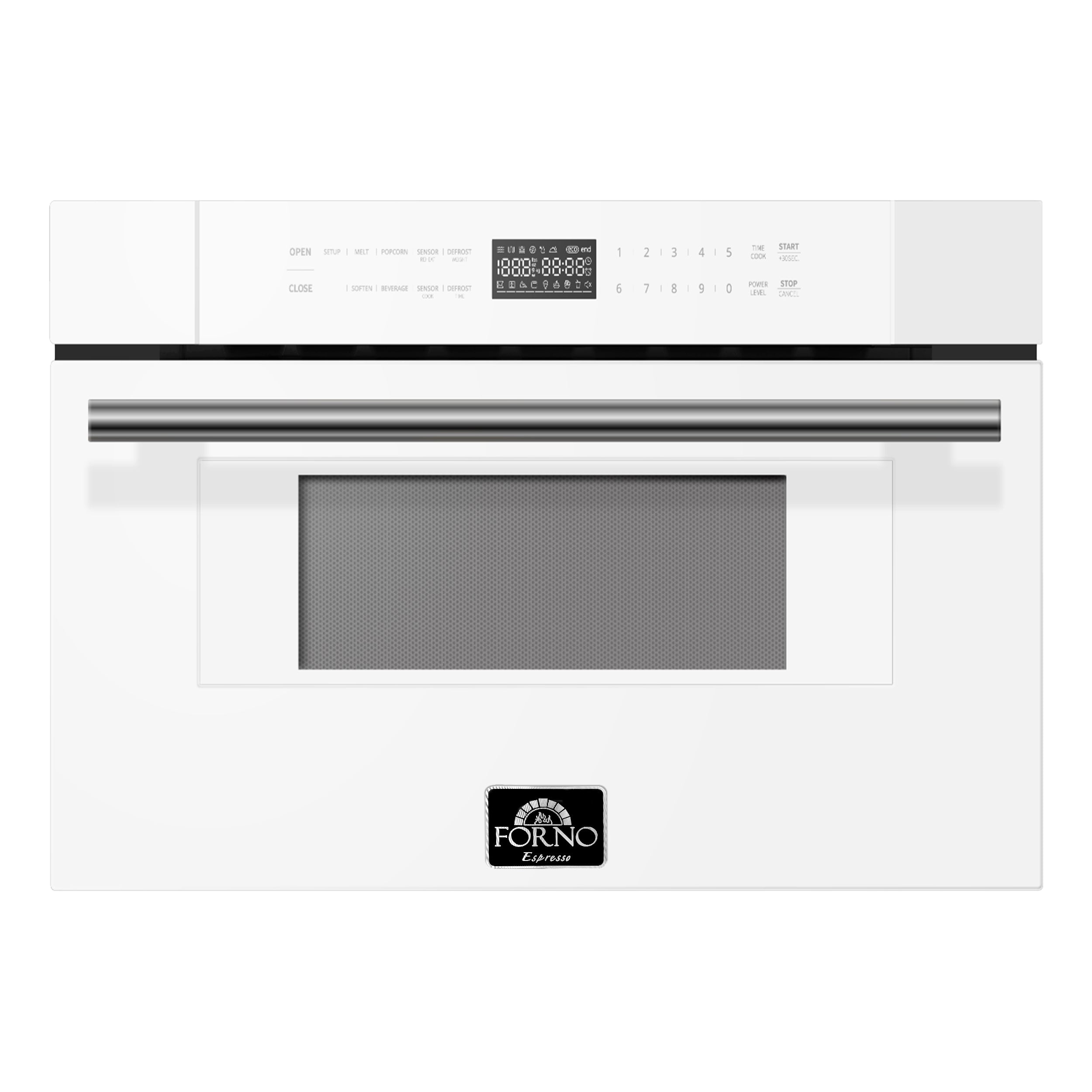 White microwave drawer front with stainless handle and dark gray vent grille