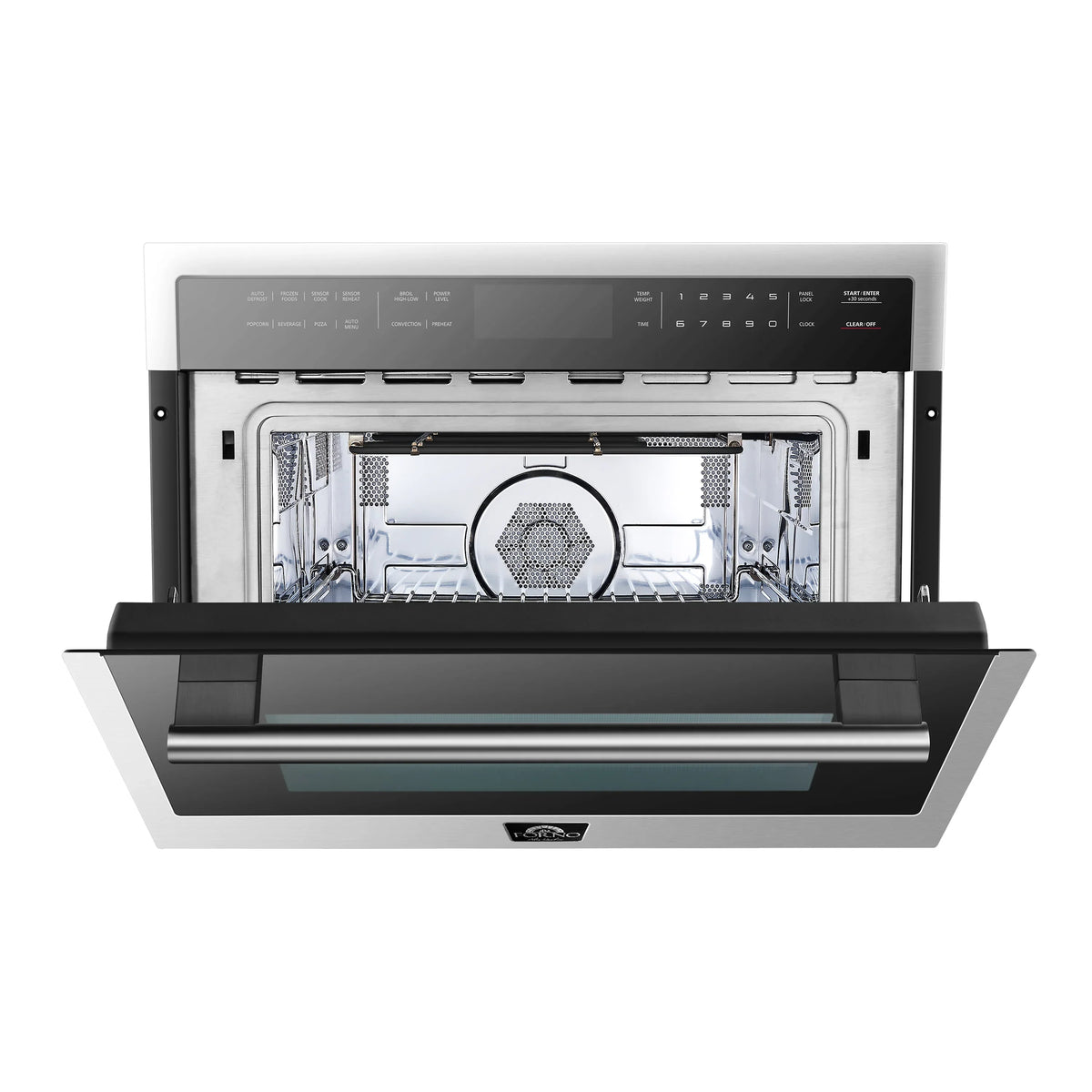 Built-in microwave oven door open showing interior heating and rack