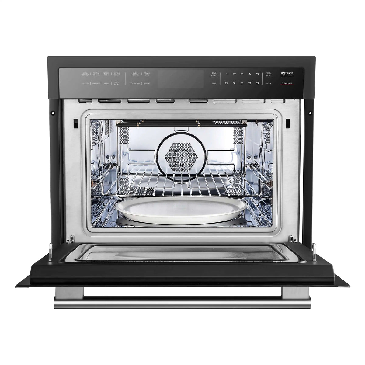 Black 24-inch microwave oven with stainless handle, open door and interior rack visible