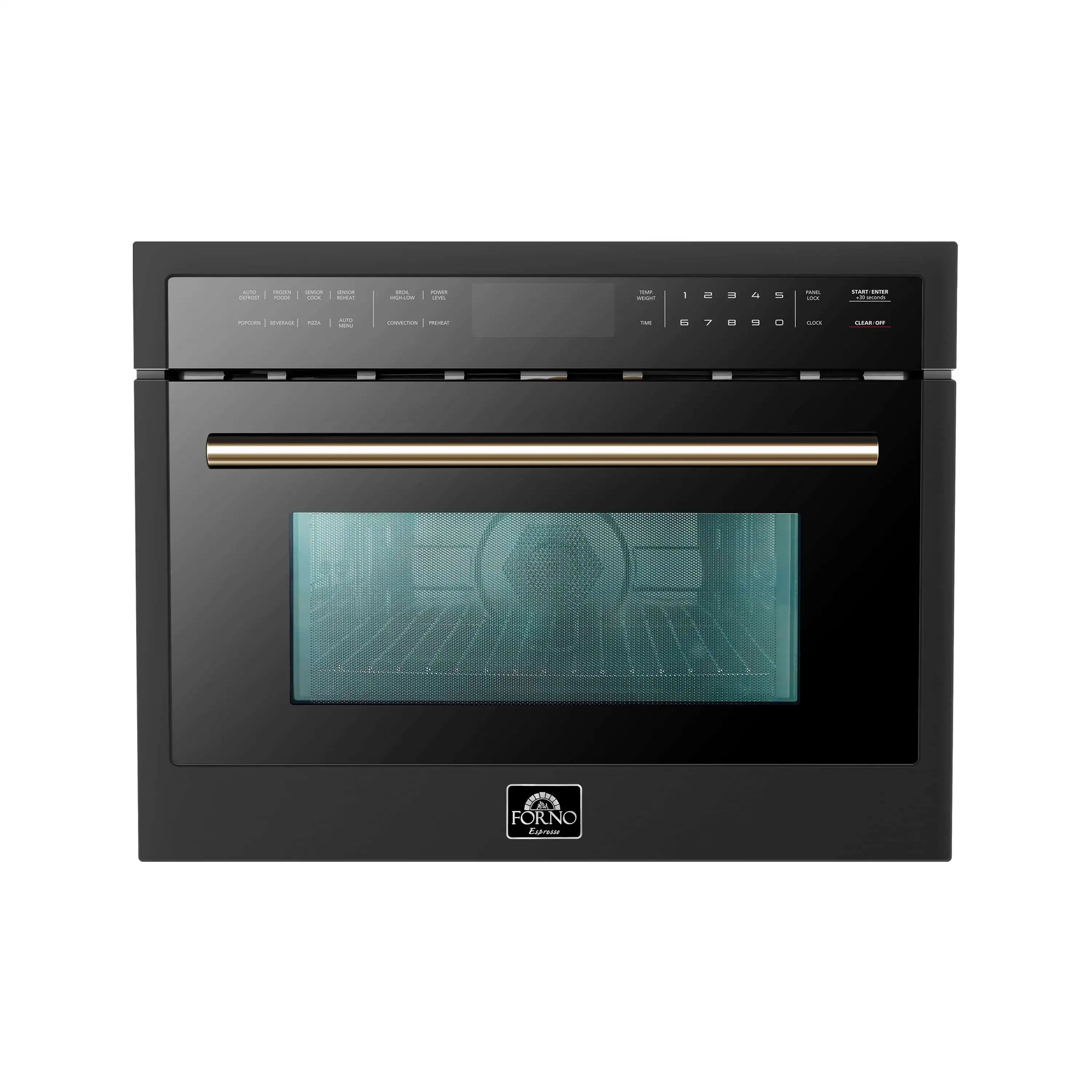 Black built-in microwave with antique brass trim and glass display window