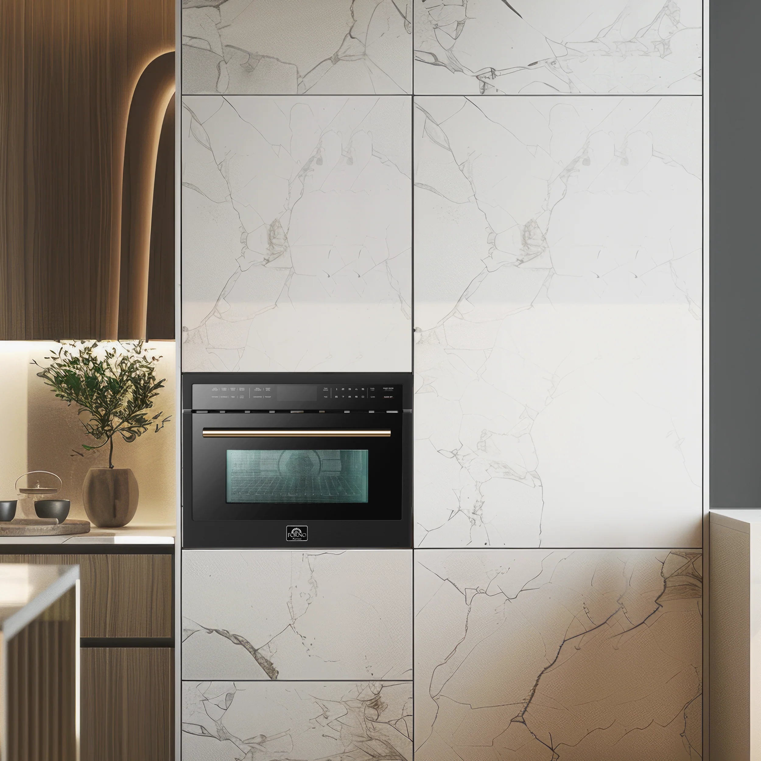 Built-in microwave oven in black with antique brass trim, installed in cabinet