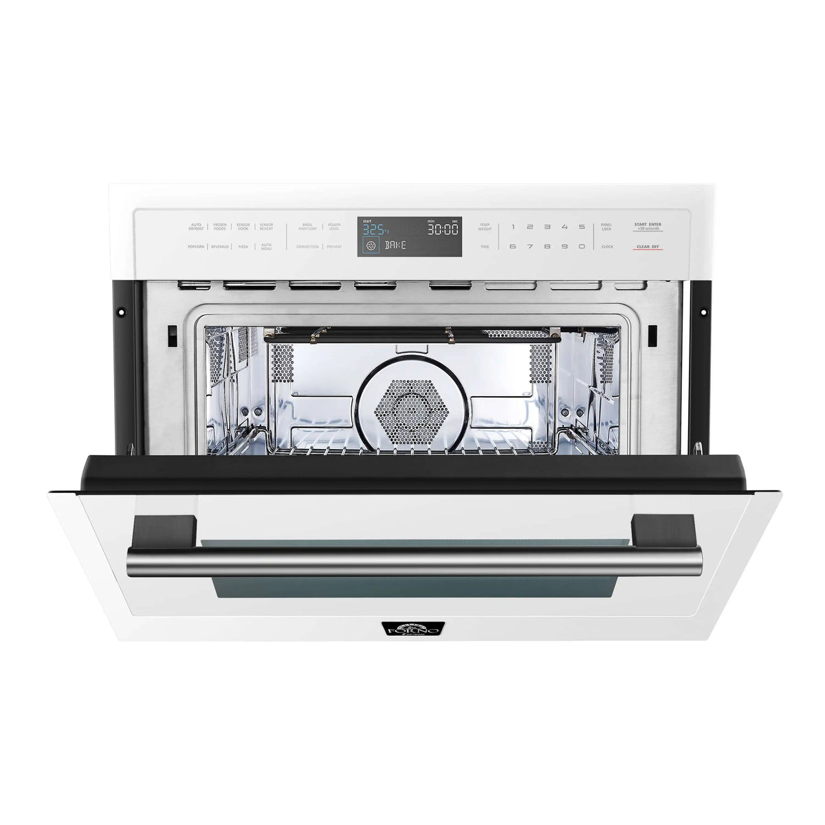White microwave oven with open door, interior cavity visible