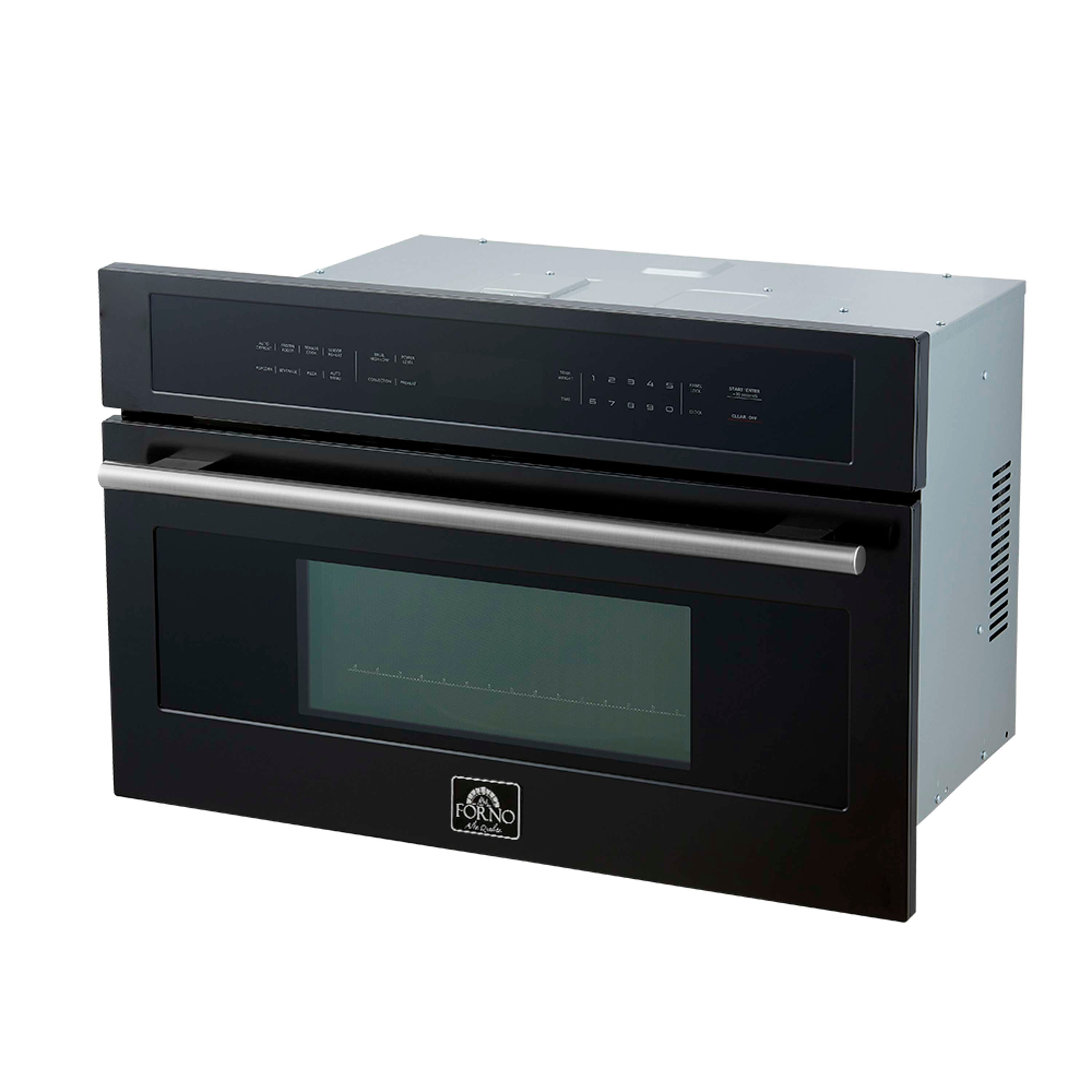Black built-in microwave oven with handle and blue-lit display window