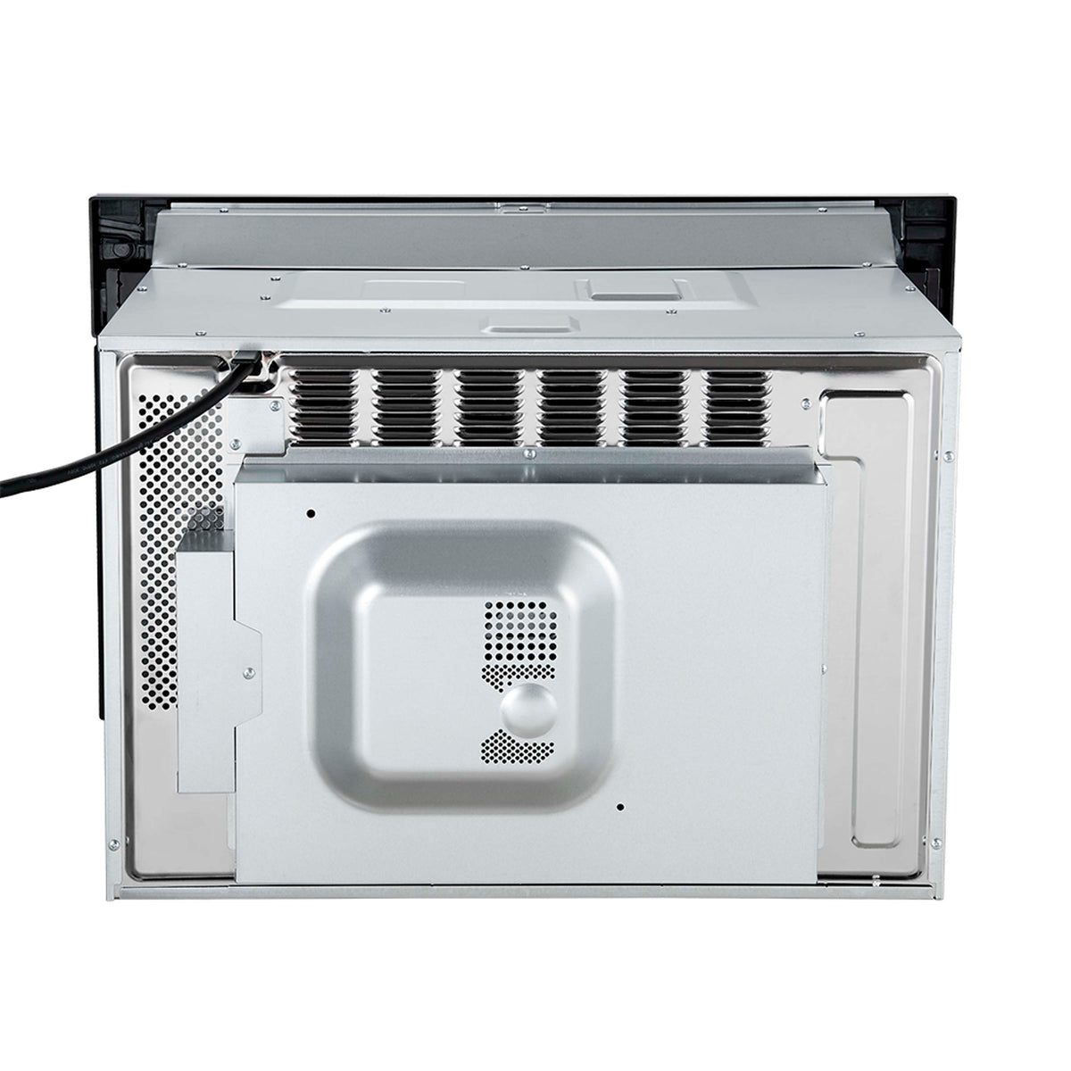 Microwave oven open cavity with grill elements, side walls, and vented door panel.