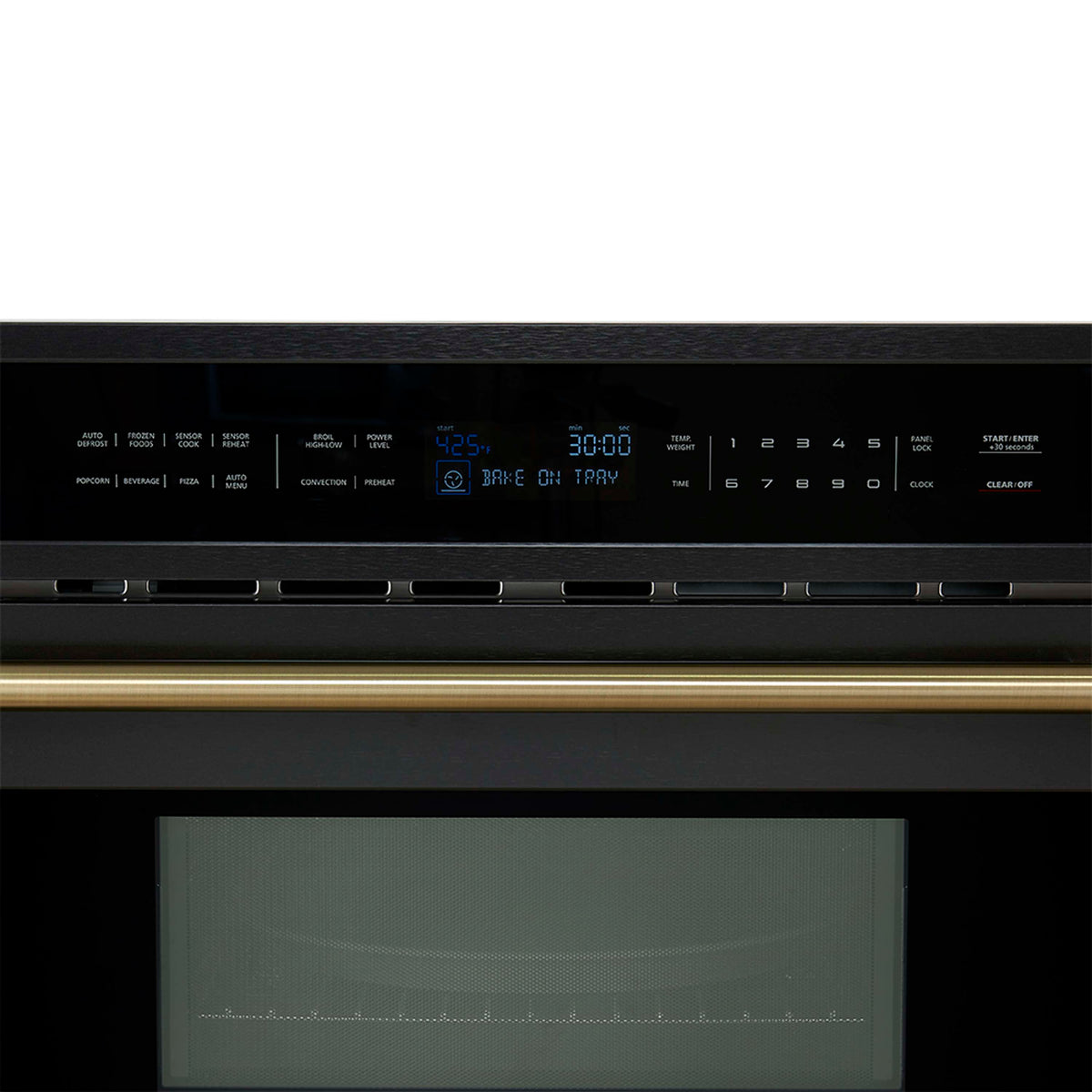 Black microwave oven with blue digital display, touch controls, antique brass trim.