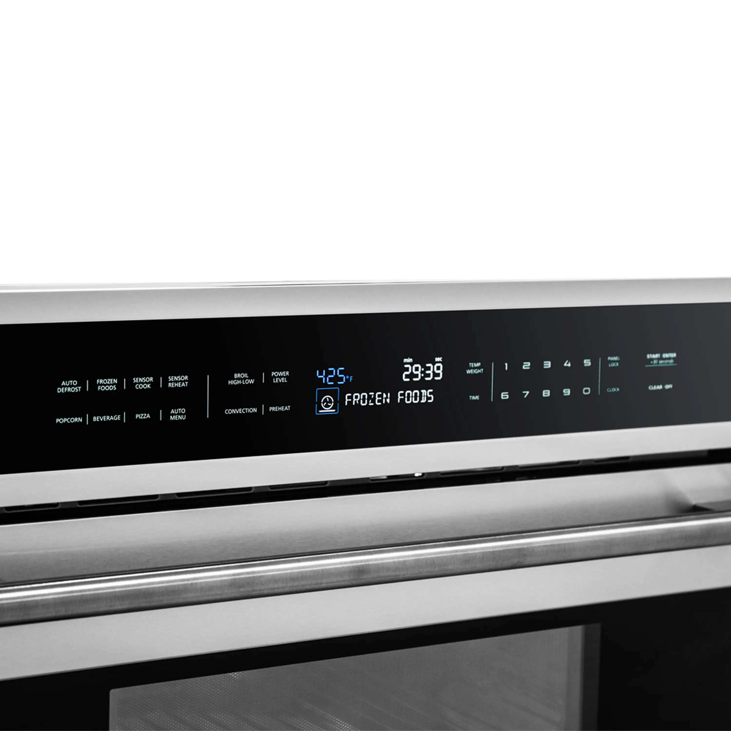 Wall oven control display with digital time and modes on black panel