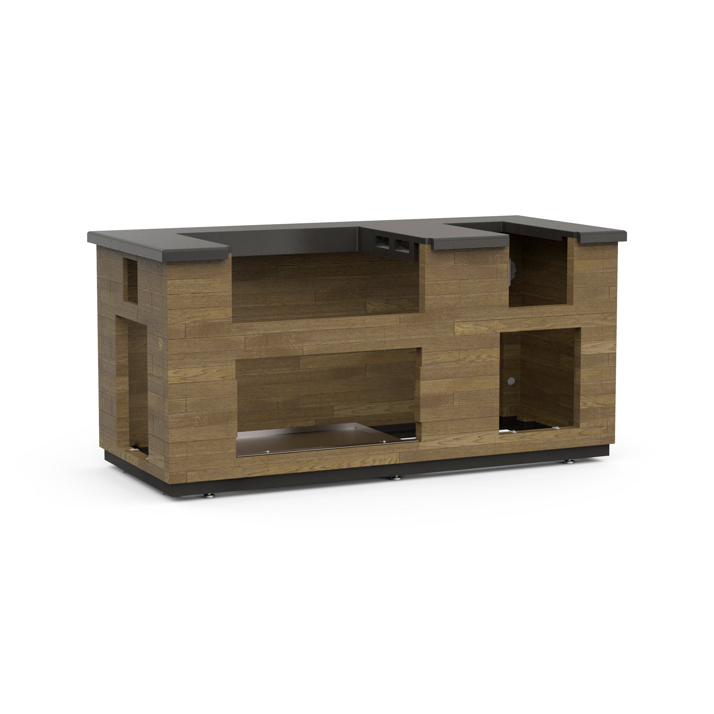 Reclaimed wood outdoor grill island back view with open side shelves and dark countertop