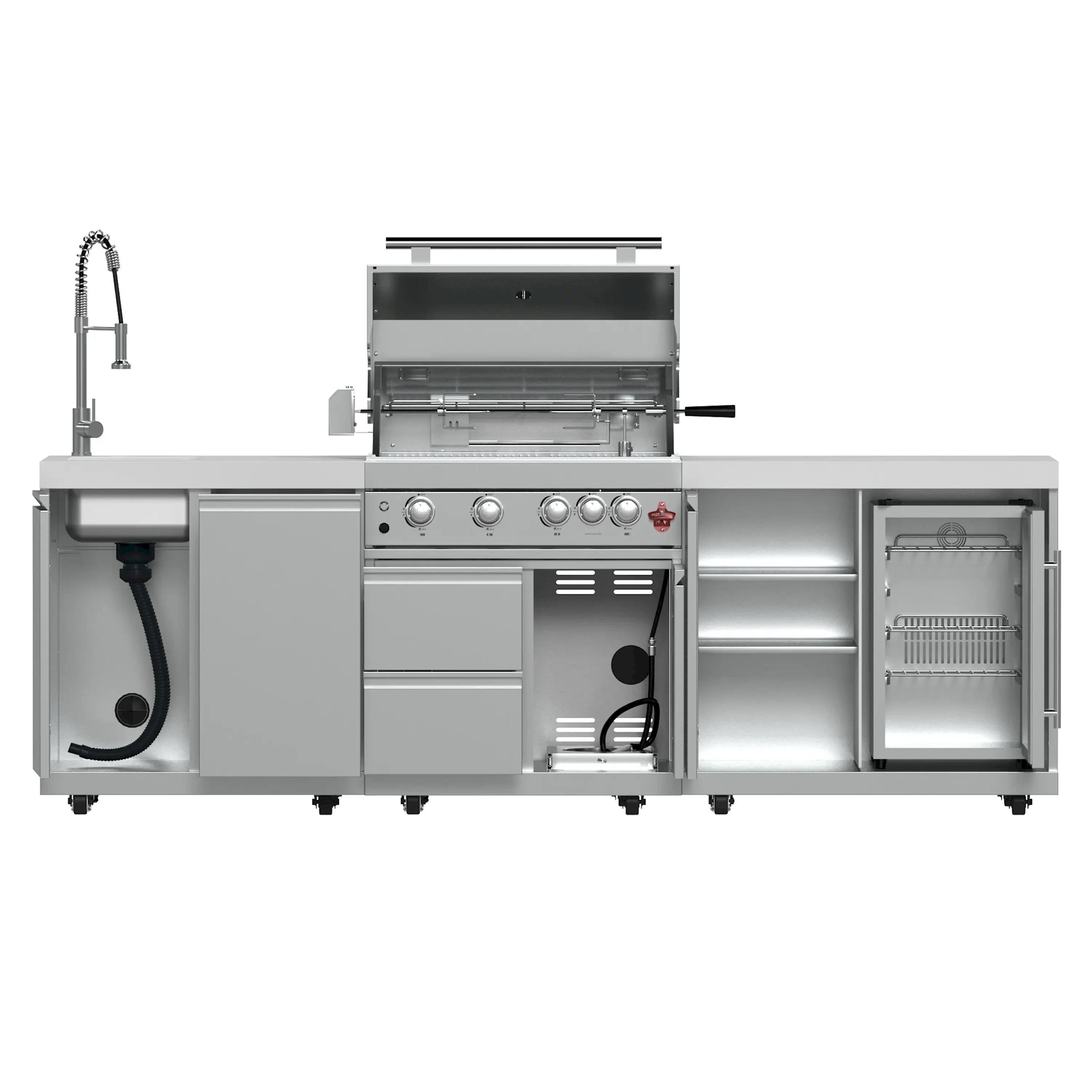 Forno Bulnes 30-inch outdoor BBQ grill with open lid and cooking grates, gray/white