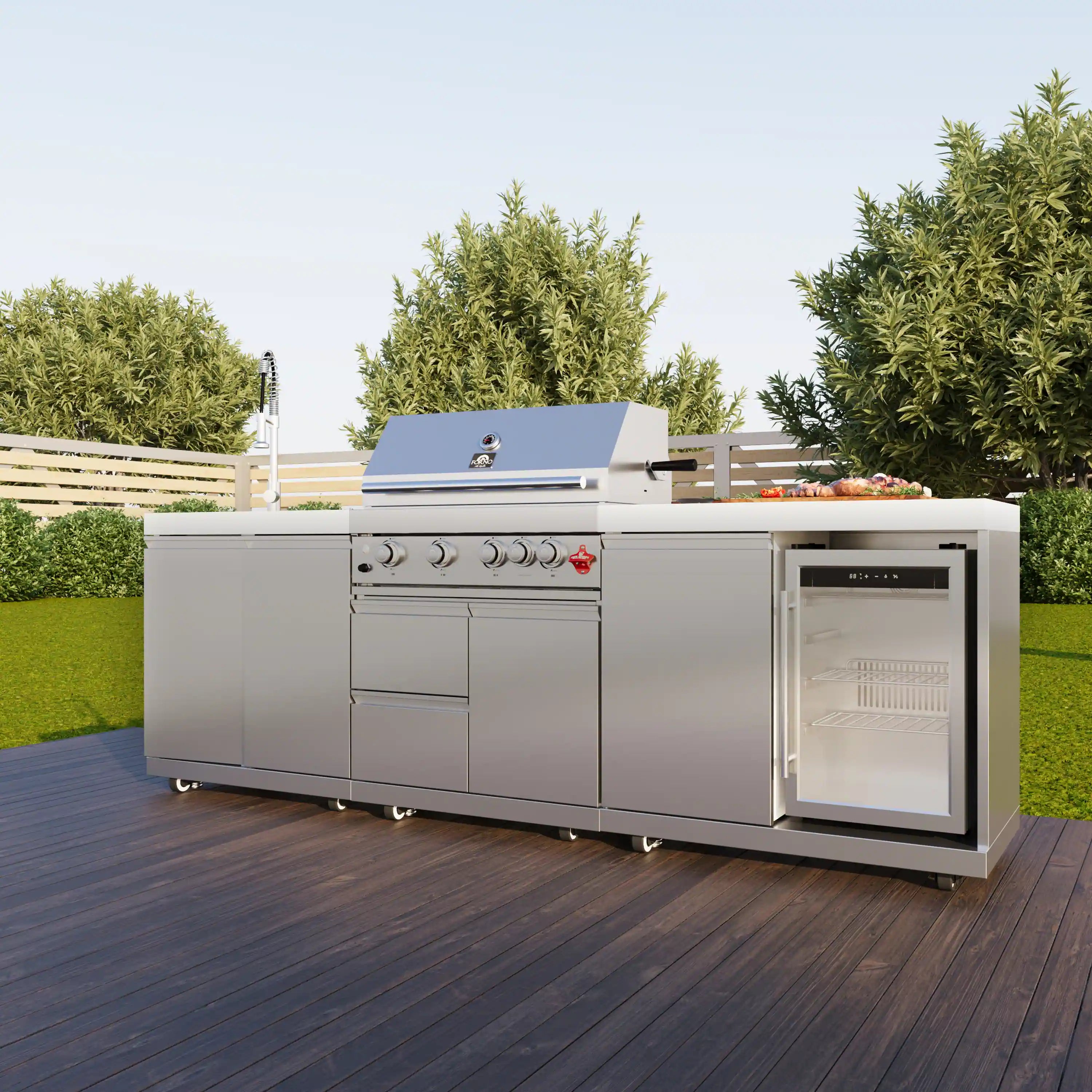 Forno Bulnes 30-inch outdoor BBQ grill with open beverage center door and control knobs