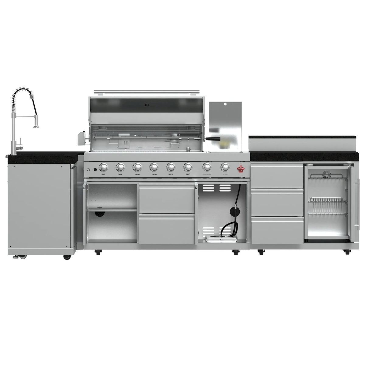Outdoor stainless steel BBQ grill with open lid, control knobs, side burner, black countertop
