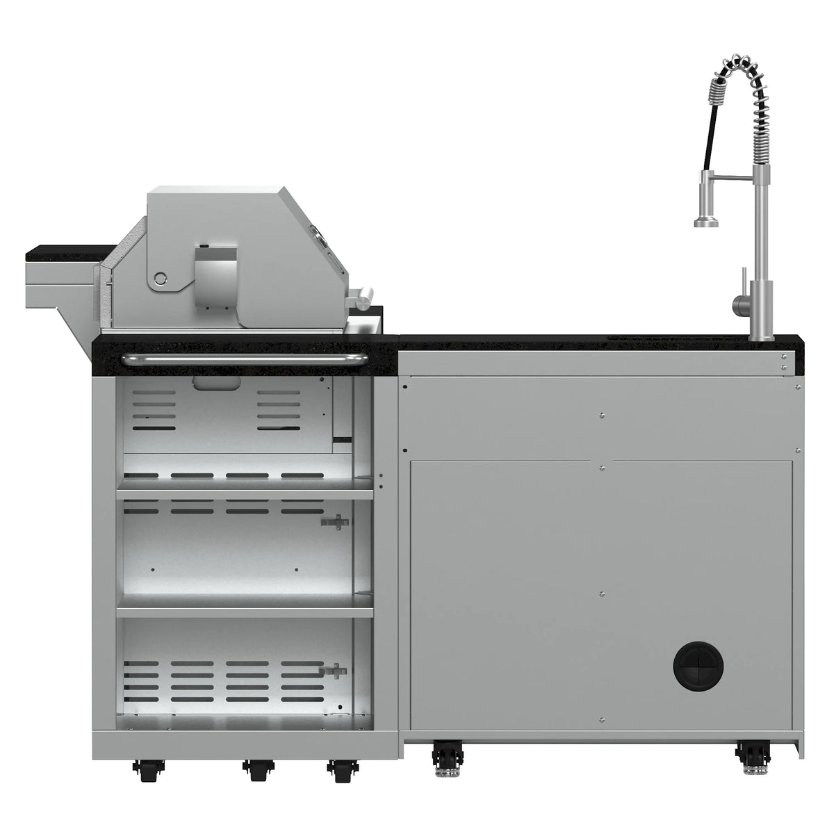 Outdoor stainless BBQ grill with open cart compartments and tall faucet, black top surface