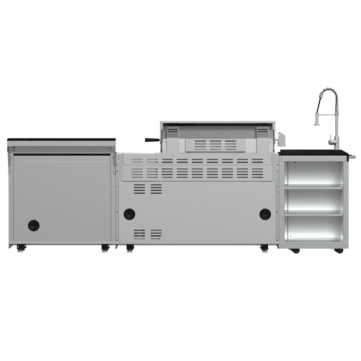 Outdoor stainless BBQ grill with open storage doors, cooking grates, sink faucet and black counter