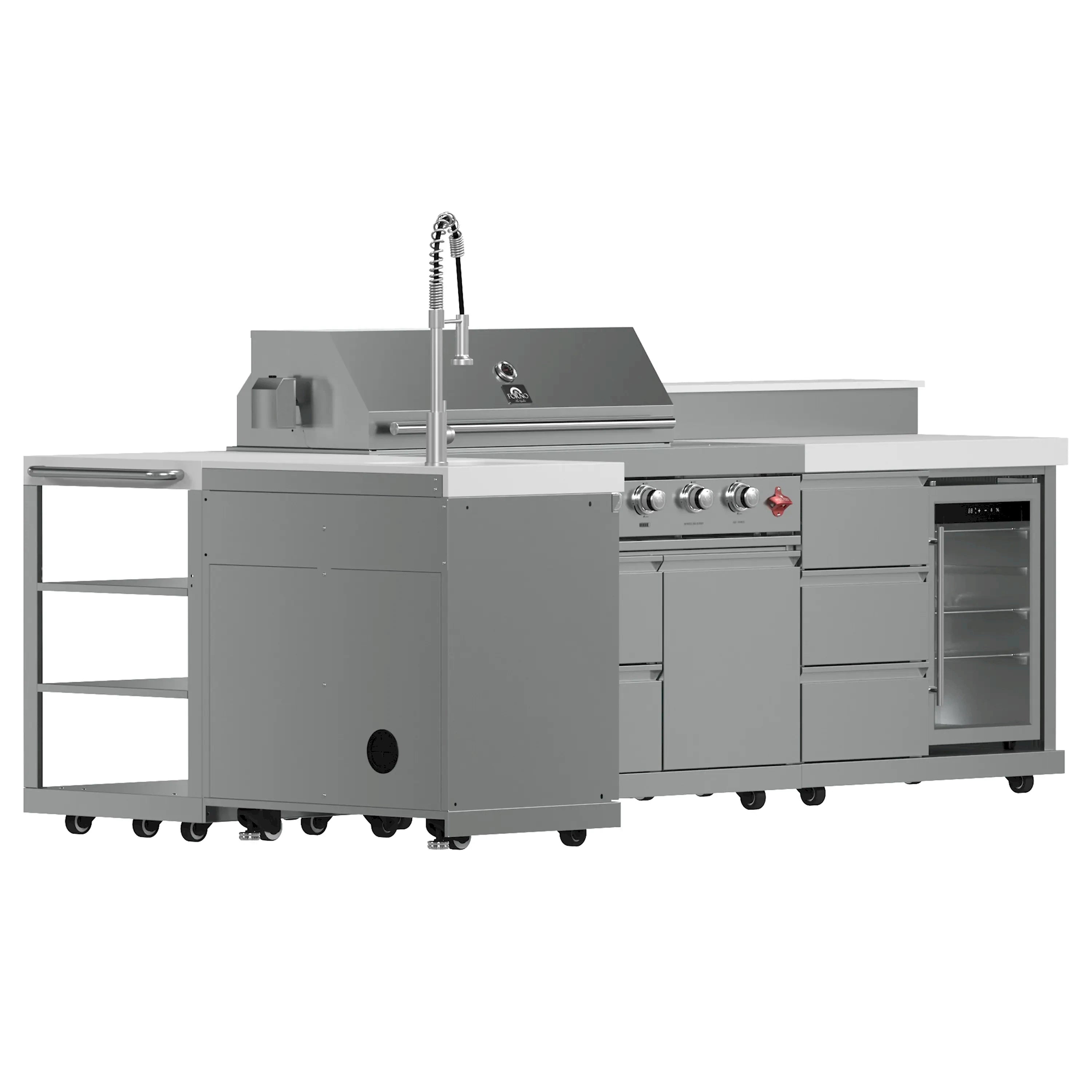 Stainless steel outdoor BBQ grill with control panel, burners, and open side cabinet