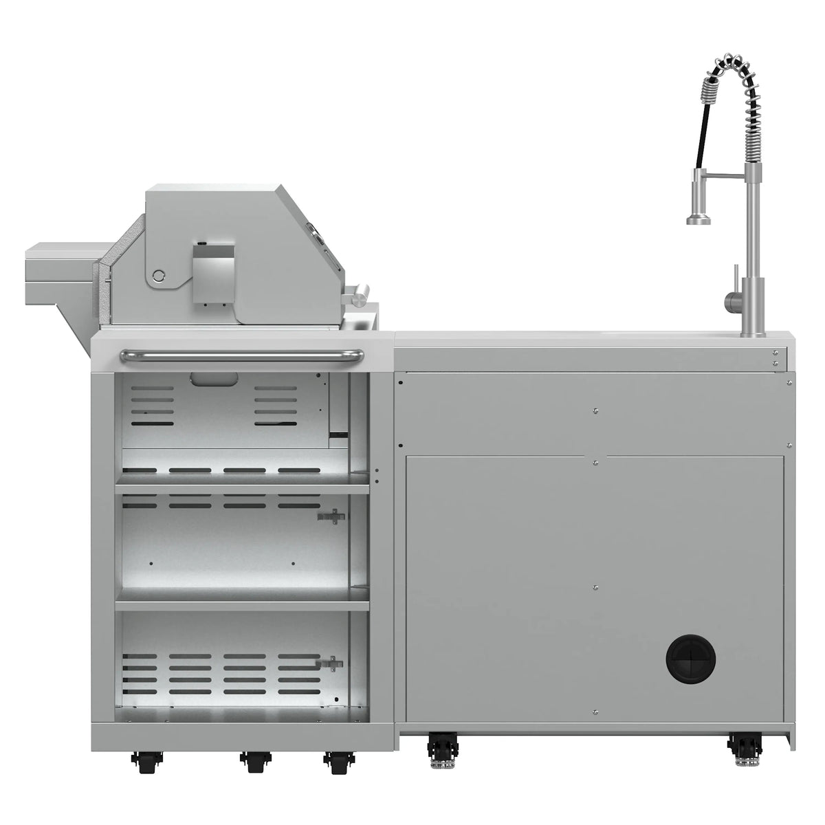 Stainless steel outdoor BBQ grill with side sink faucet and open cabinet storage