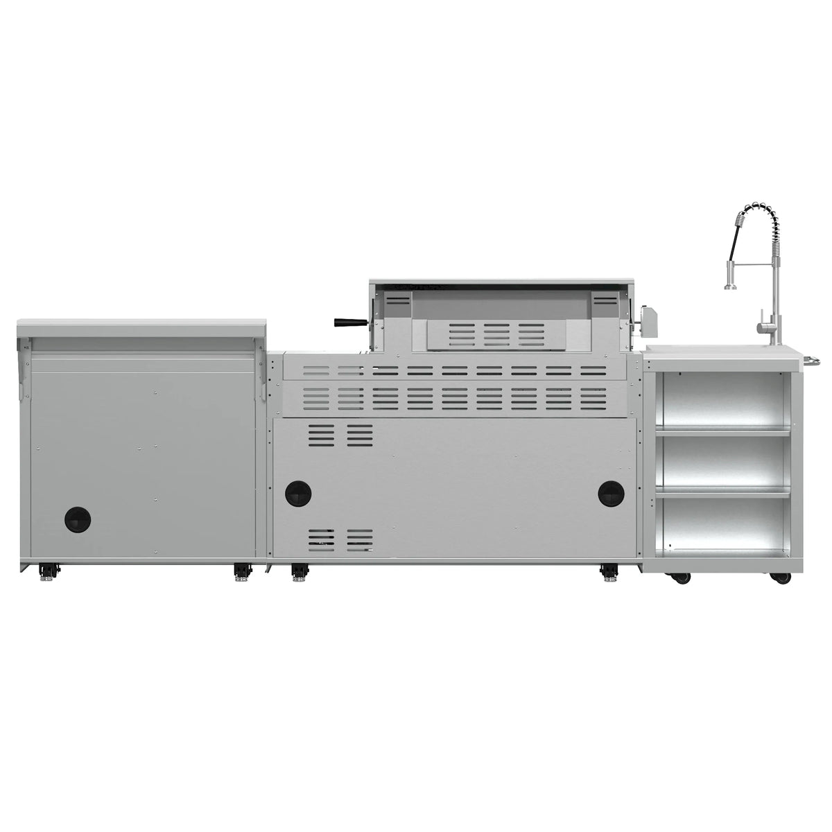 Stainless steel outdoor BBQ grill with side doors and three open warming shelves