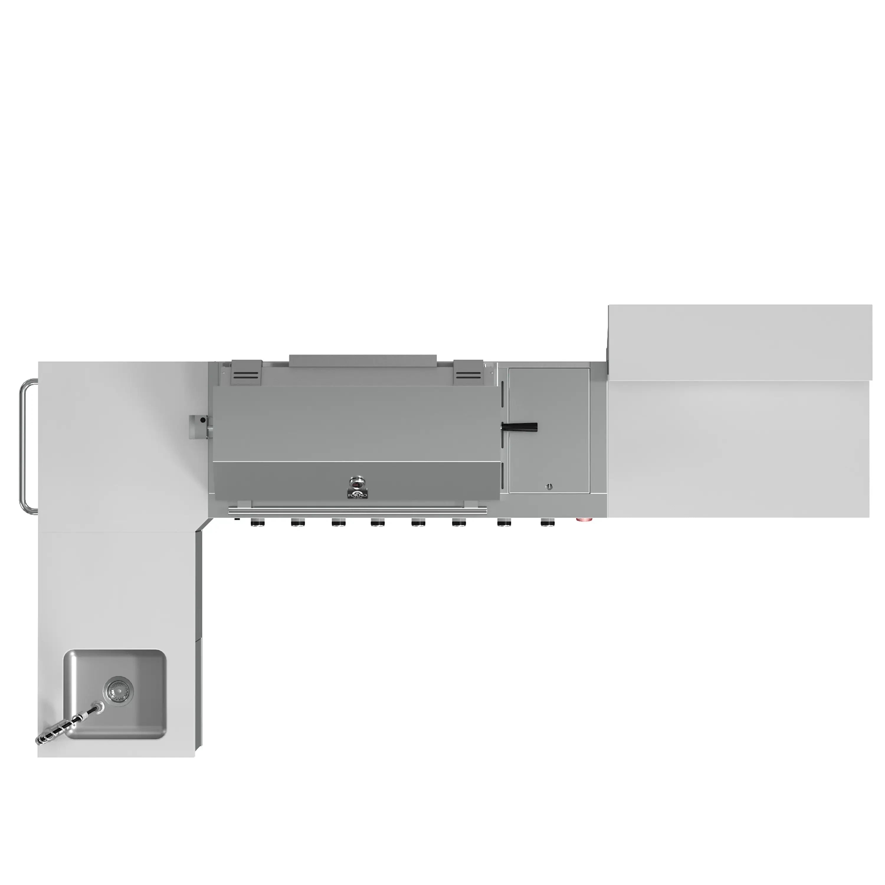 Stainless steel outdoor BBQ grill with opened cooktop lid and control area