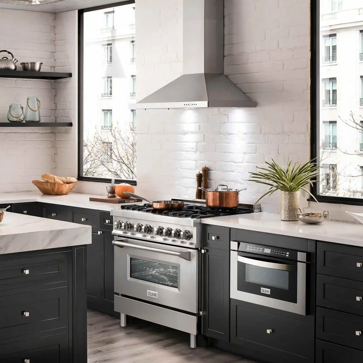 Stainless steel gas range with burners and oven door in an installed kitchen