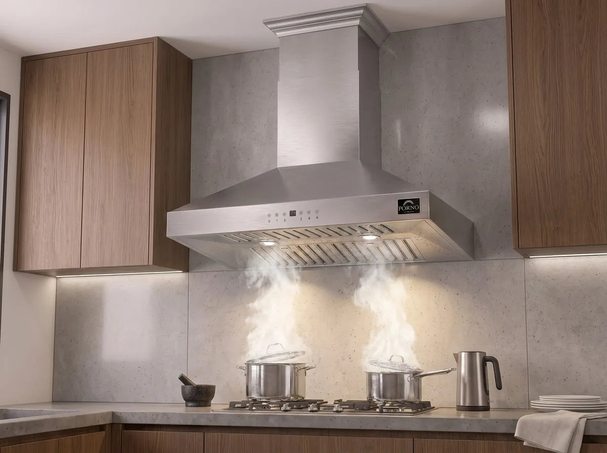 Forno Coppito 30-Inch Island Range Hood in Stainless Steel with 600 CFM Motor shown in a styled kitchen, view 3