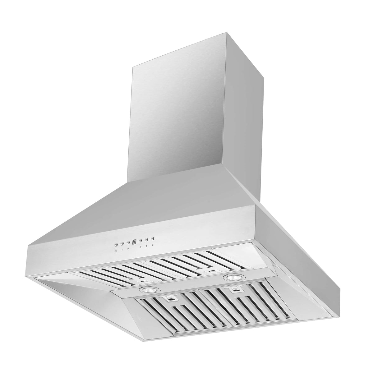 Stainless steel island range hood with front filter and control buttons