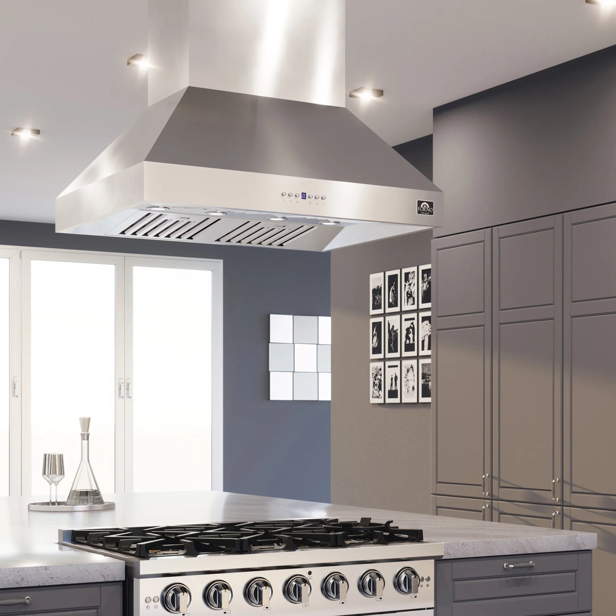 Forno Coppito 36-Inch Island Range Hood in Stainless Steel with 1200 CFM Motor shown in a styled kitchen