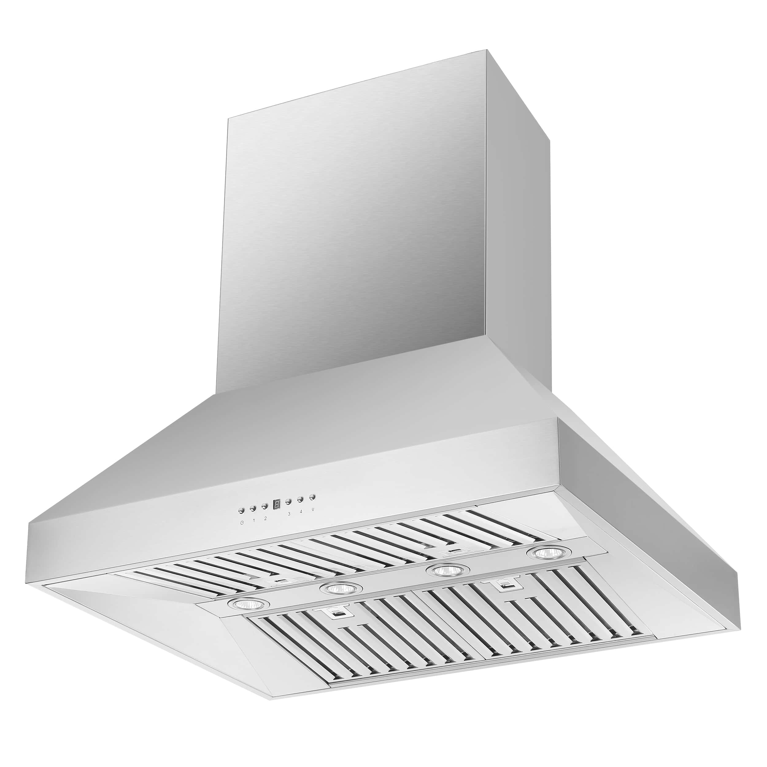 Stainless steel island range hood with angled chimney and vented filter panel