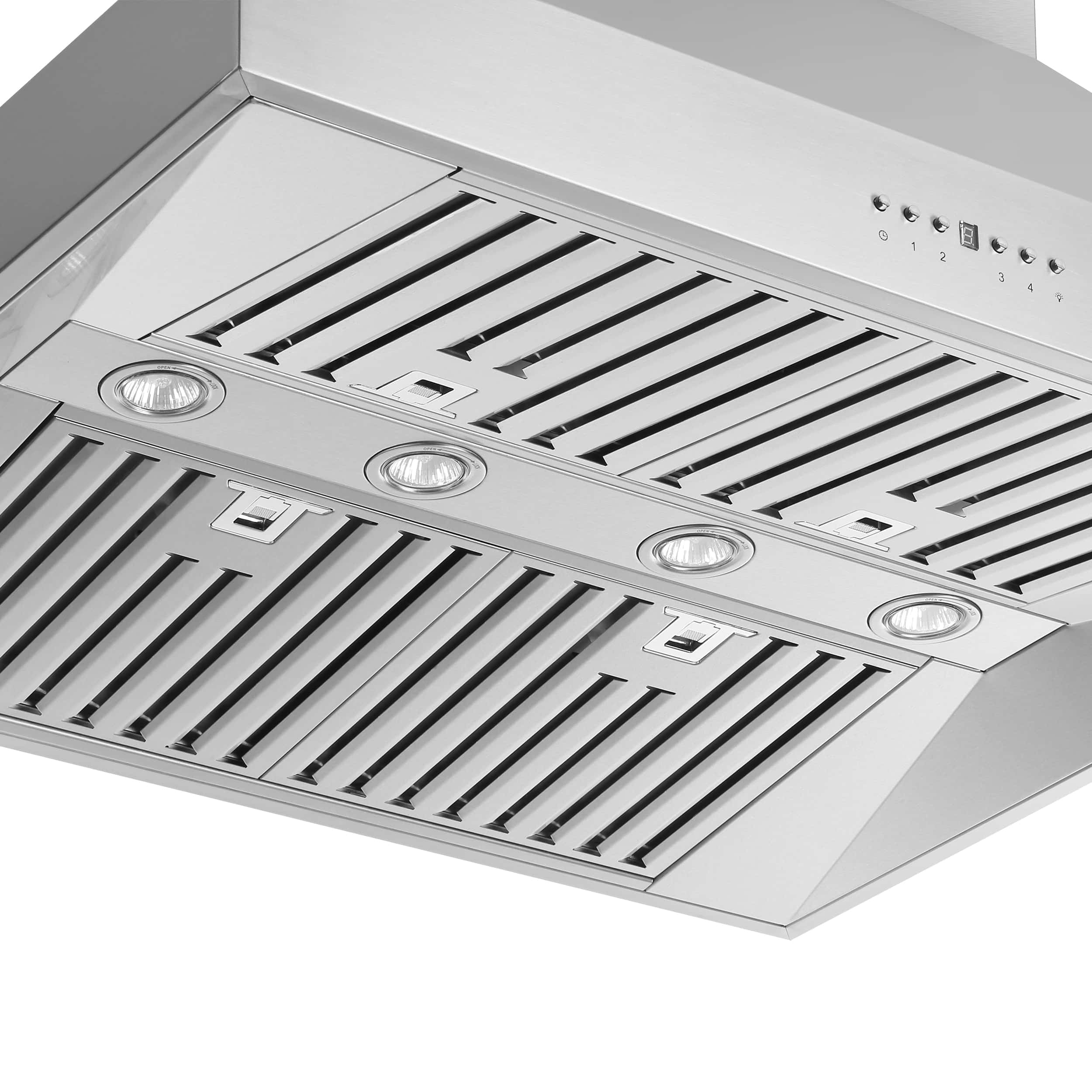 Stainless steel range hood vent panel with baffle filters and round light fixtures