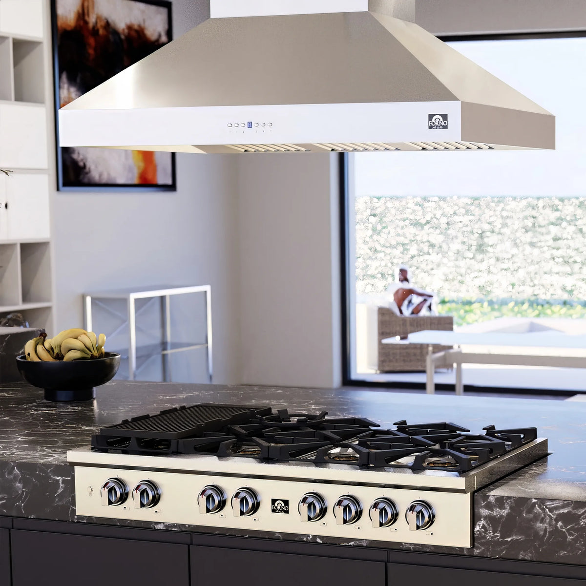 Forno Coppito 48-Inch Island Range Hood in Stainless Steel with 1200 CFM Motor shown in a styled kitchen