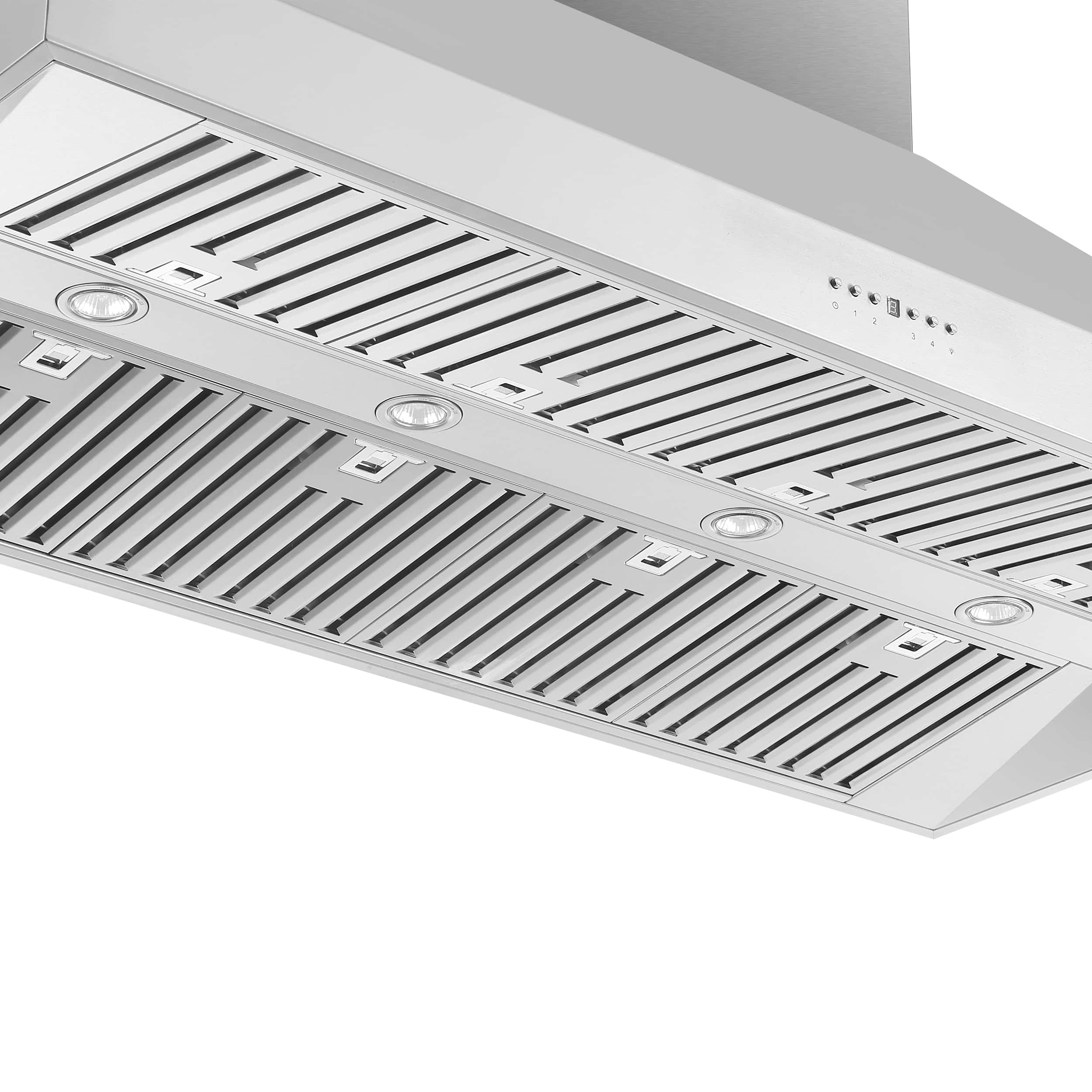 Stainless steel range hood underside with vent filters and two inset lights