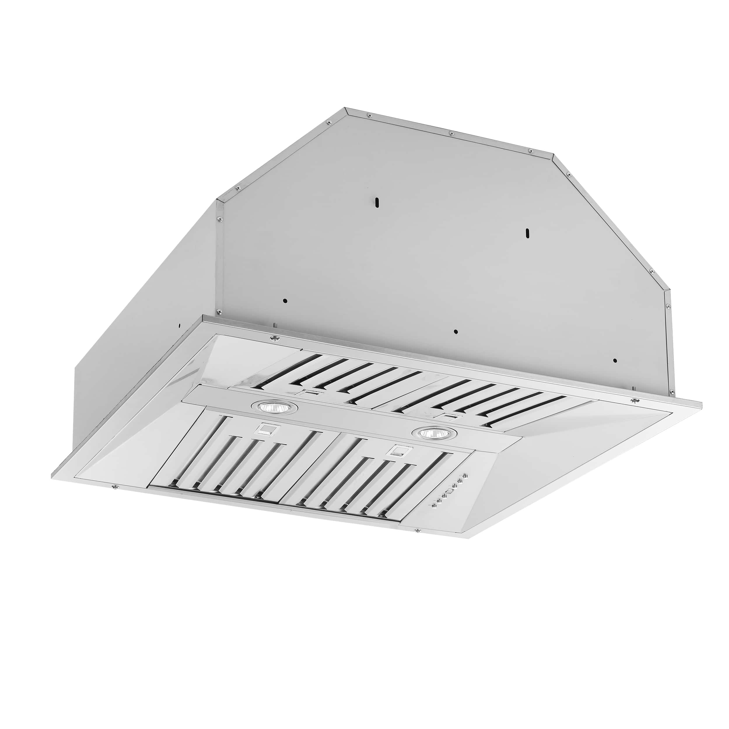 Stainless steel insert range hood with telescoping vent panel and baffle filters