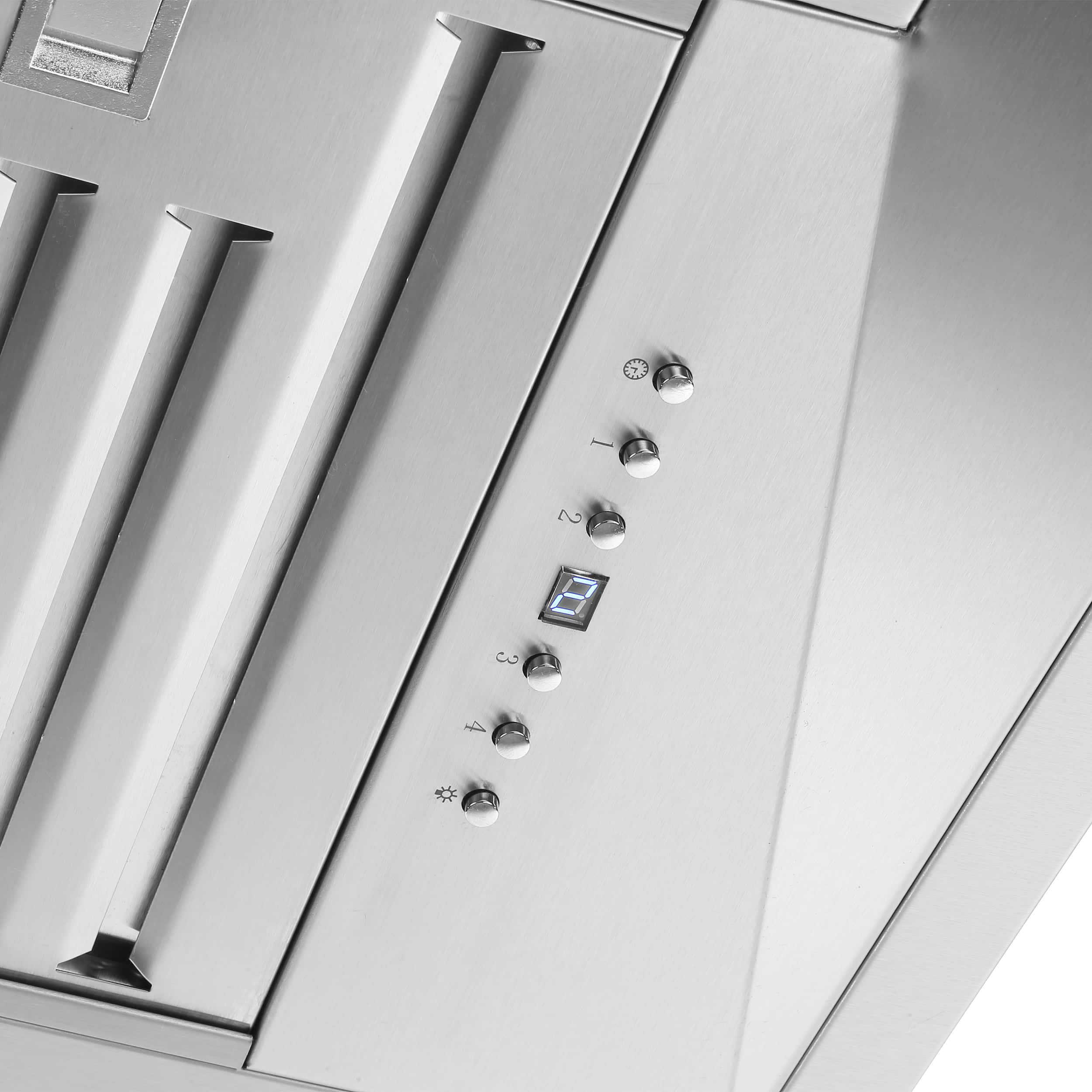 Stainless steel control panel with buttons and indicator icons