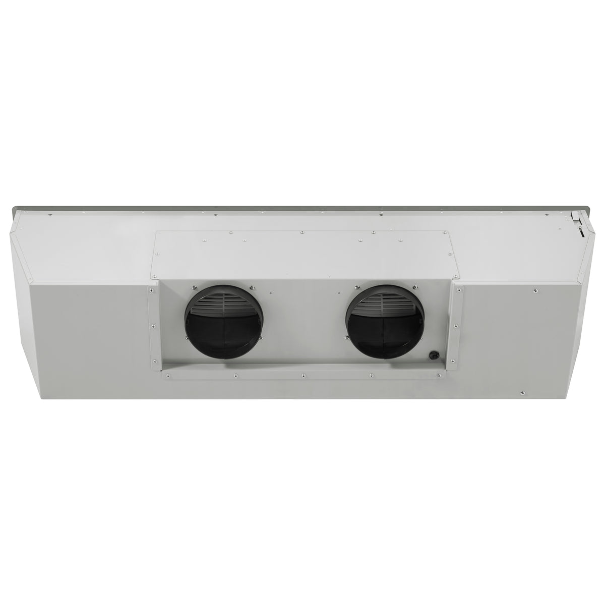 Stainless steel recessed range hood insert with two round fan outlets