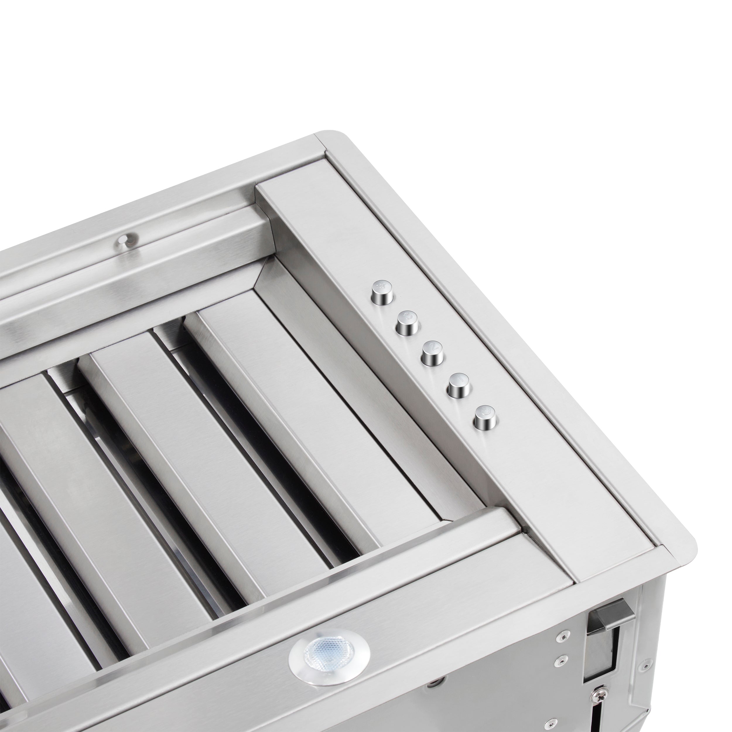 Stainless range hood insert interior with baffle filters and control buttons
