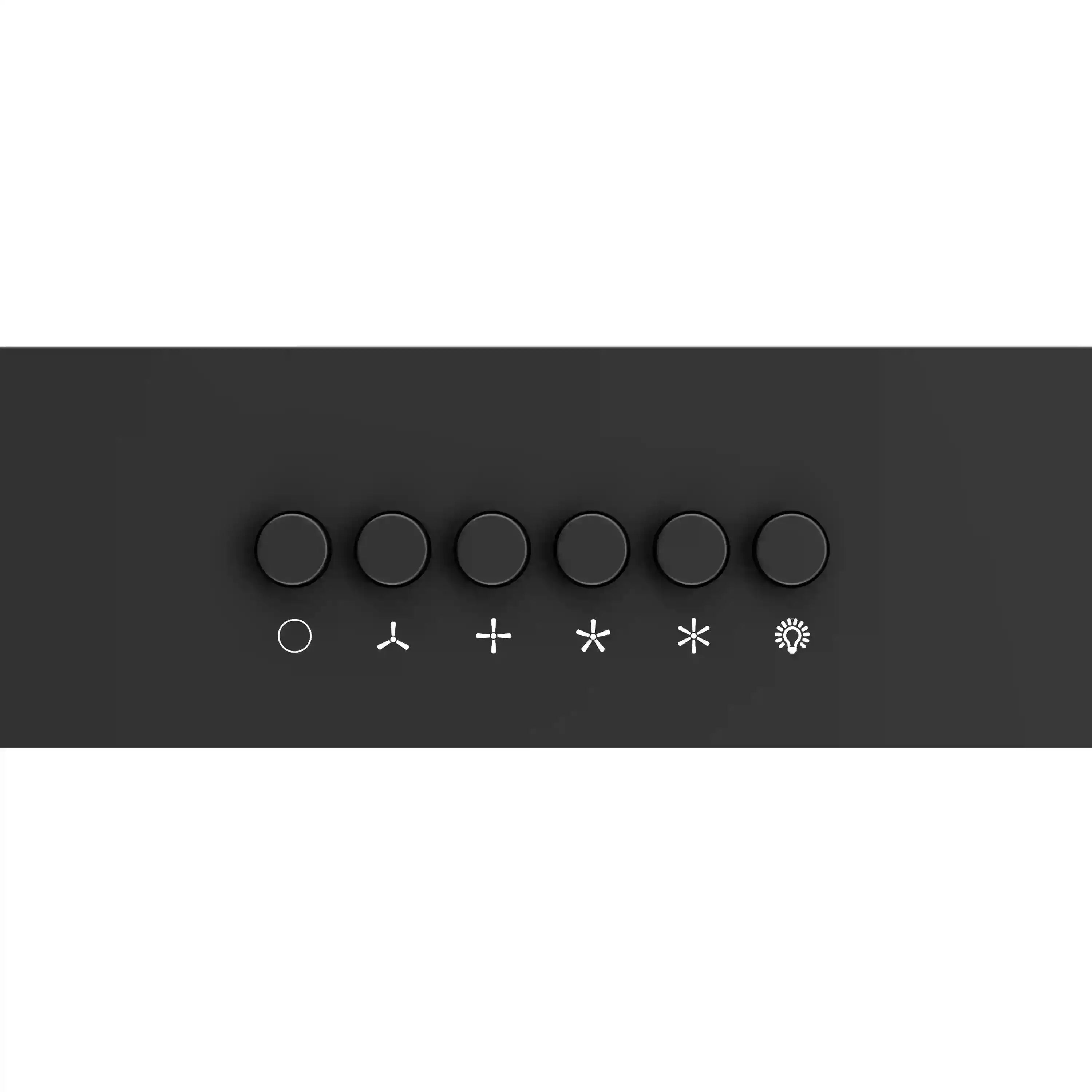 Black under-cabinet range hood control panel with circular buttons and fan icons