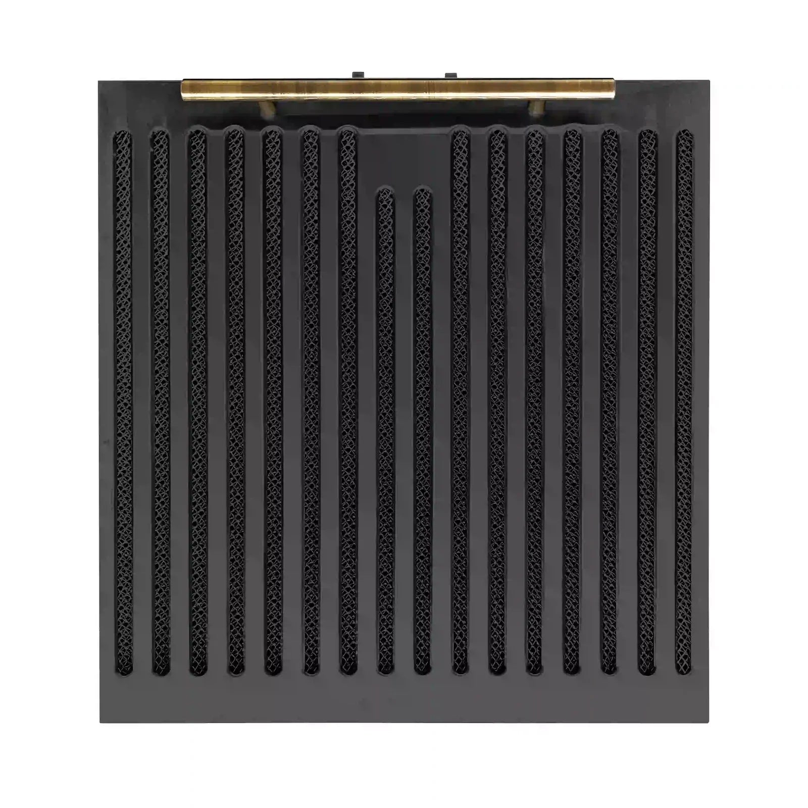 Black range hood filter grille with brass-colored trim bar