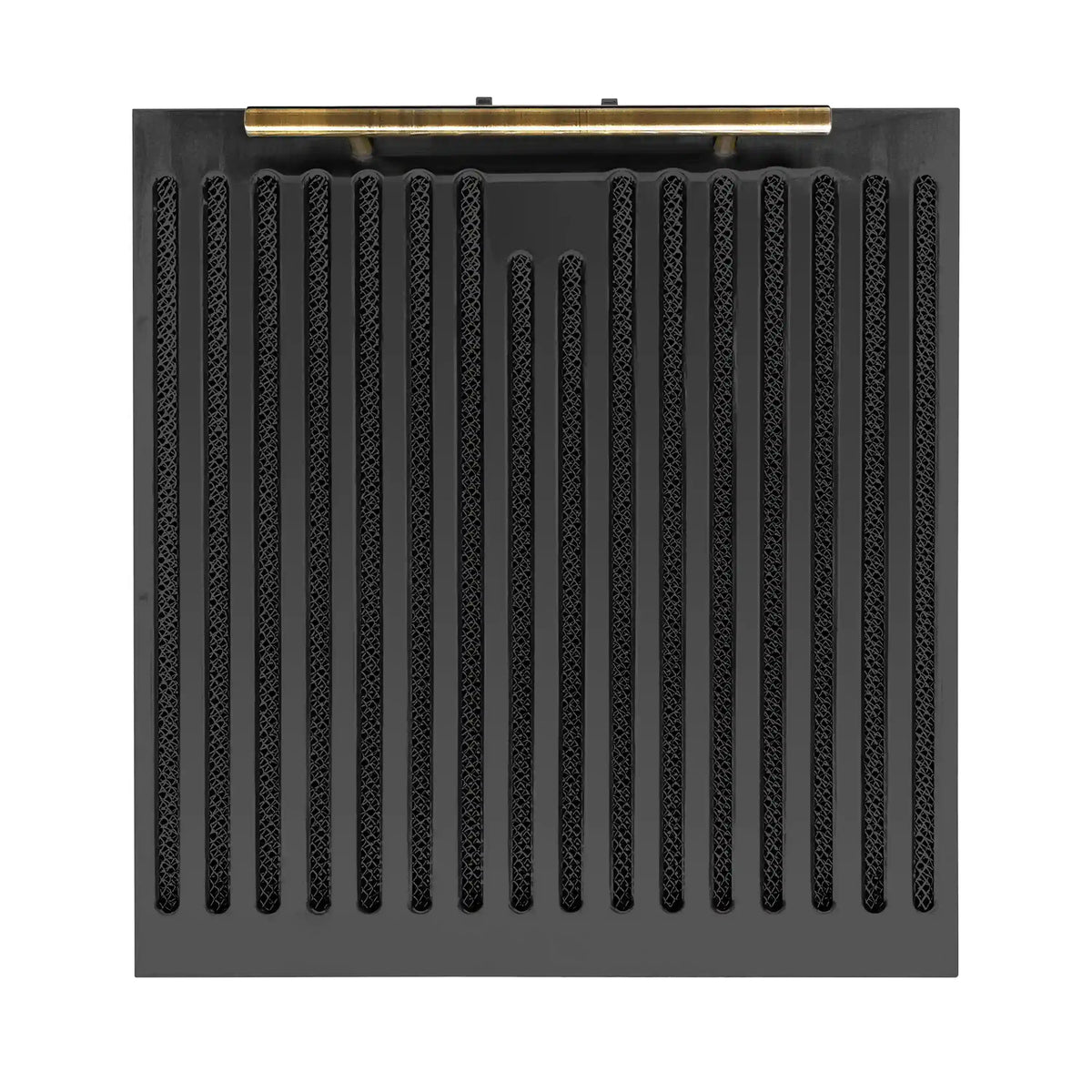 Black under-cabinet range hood rear grille with gold-toned top bar