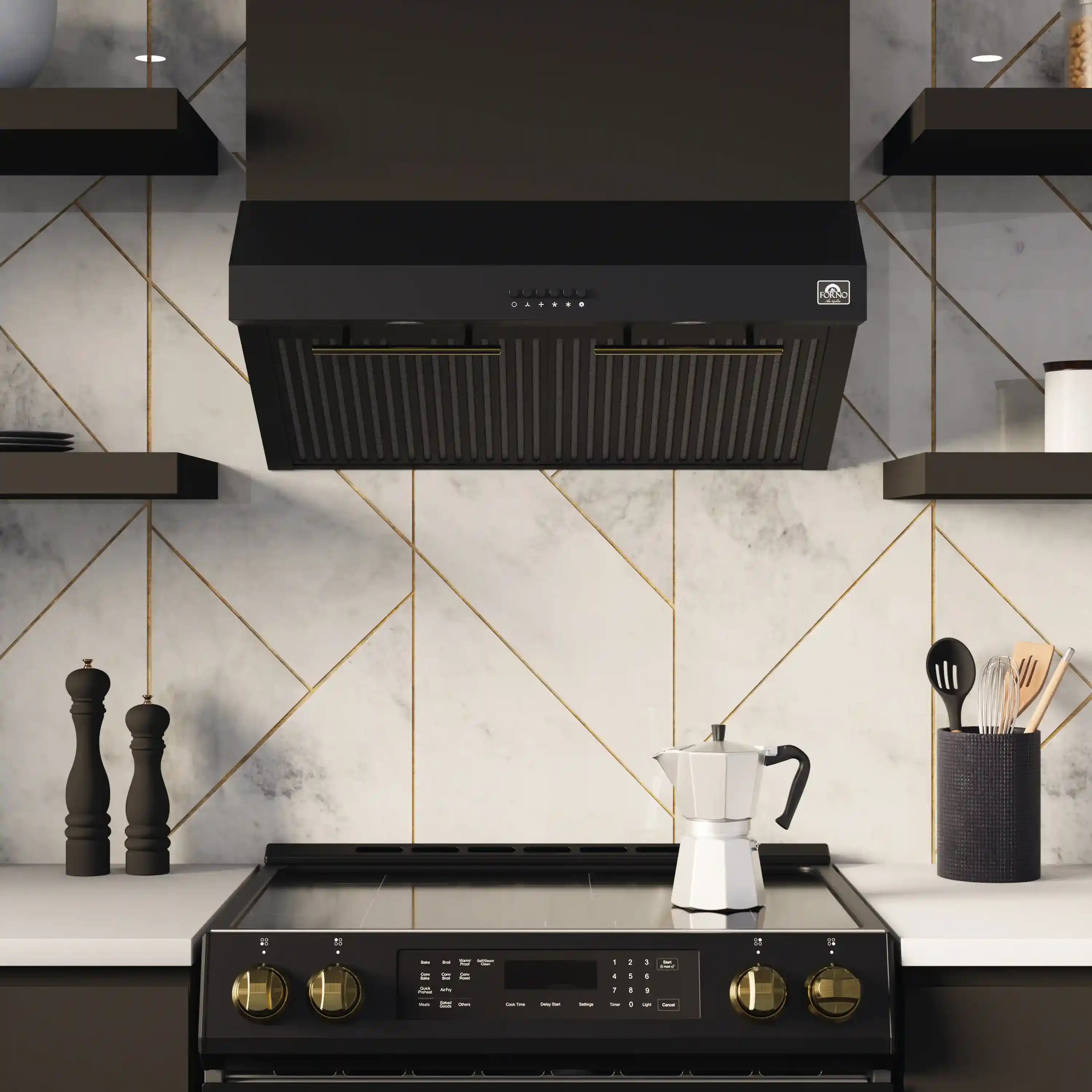 Black under-cabinet range hood above cooktop with brass decorative rails
