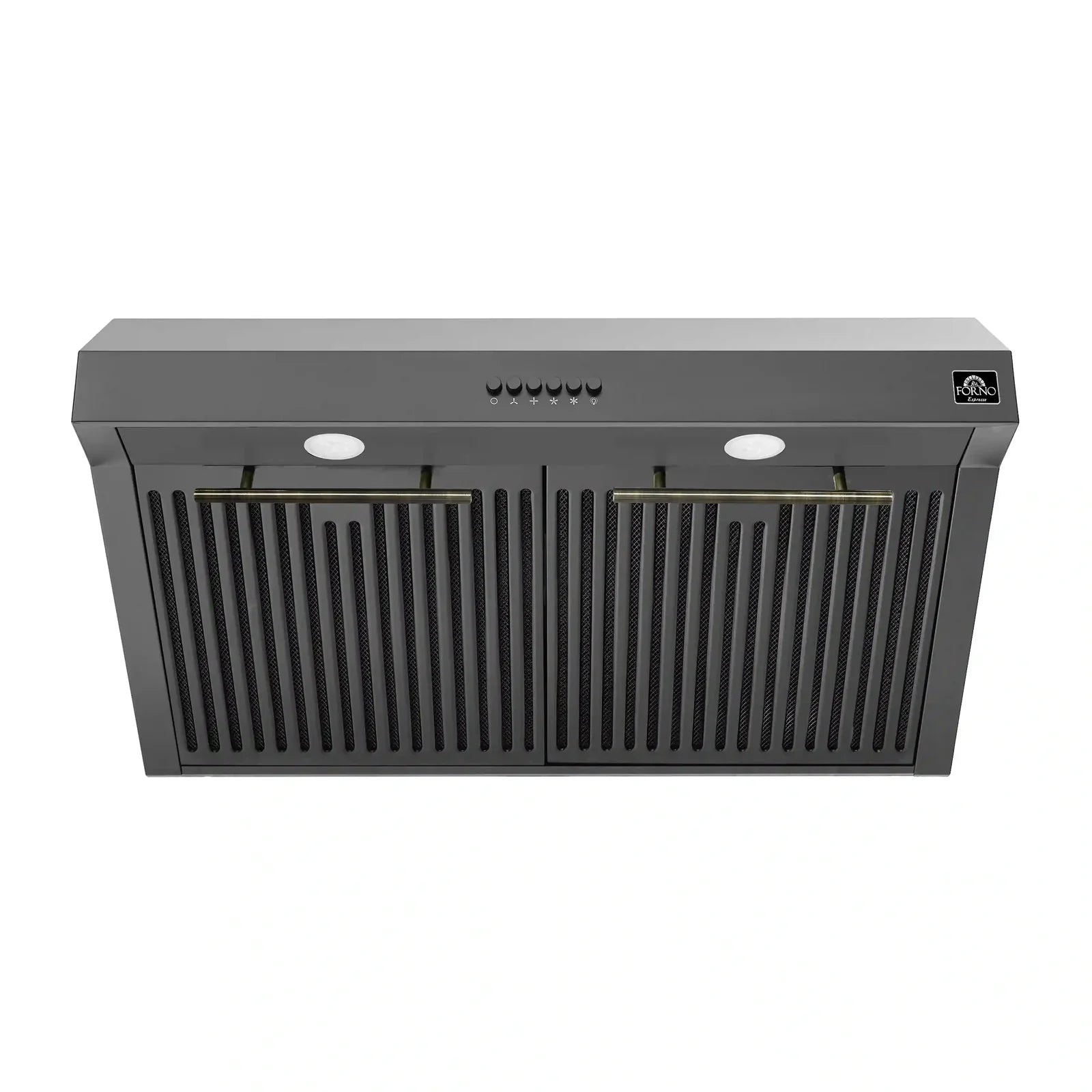 Black under-cabinet range hood front grille with brass accent slots