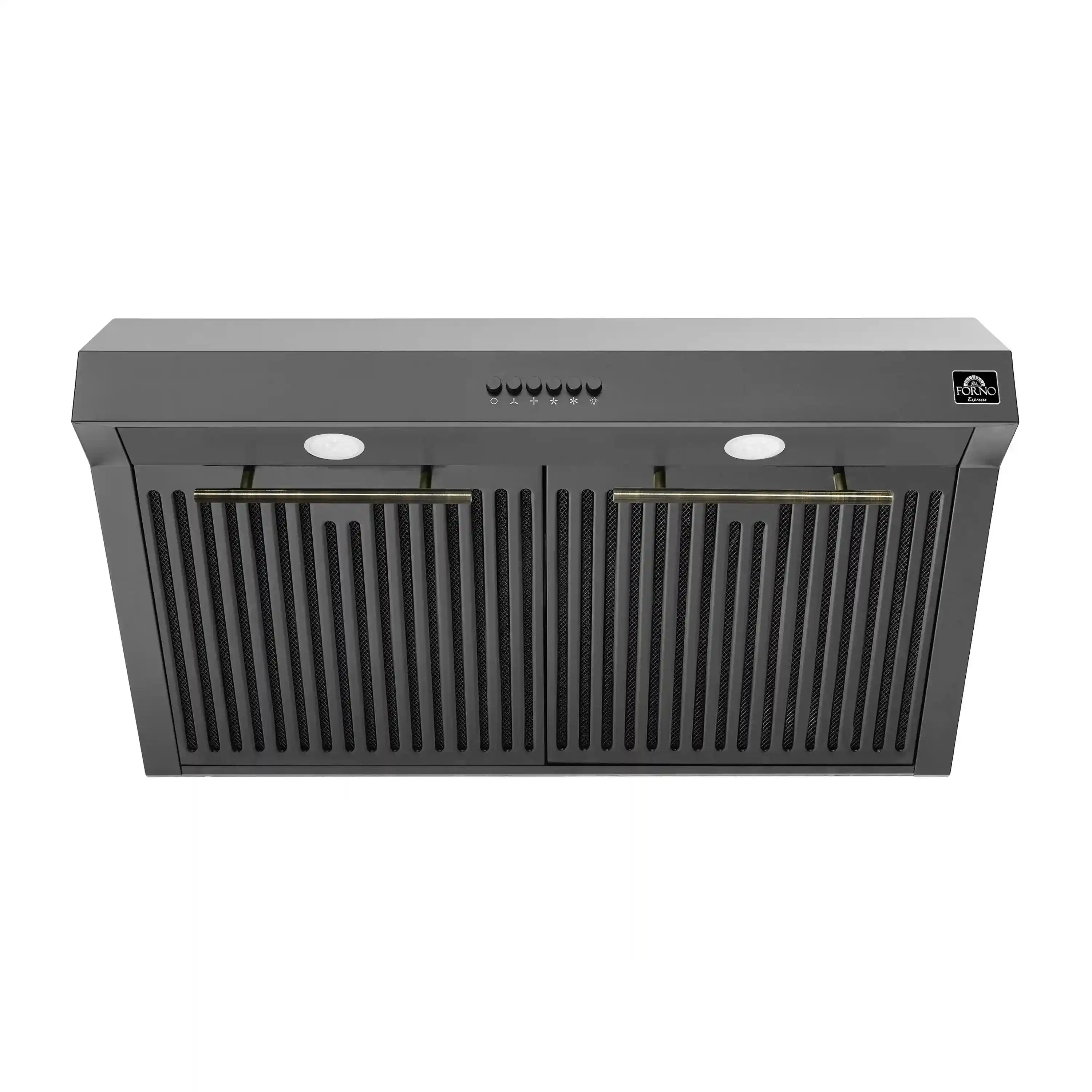Black under-cabinet range hood with front grille and antique brass trim