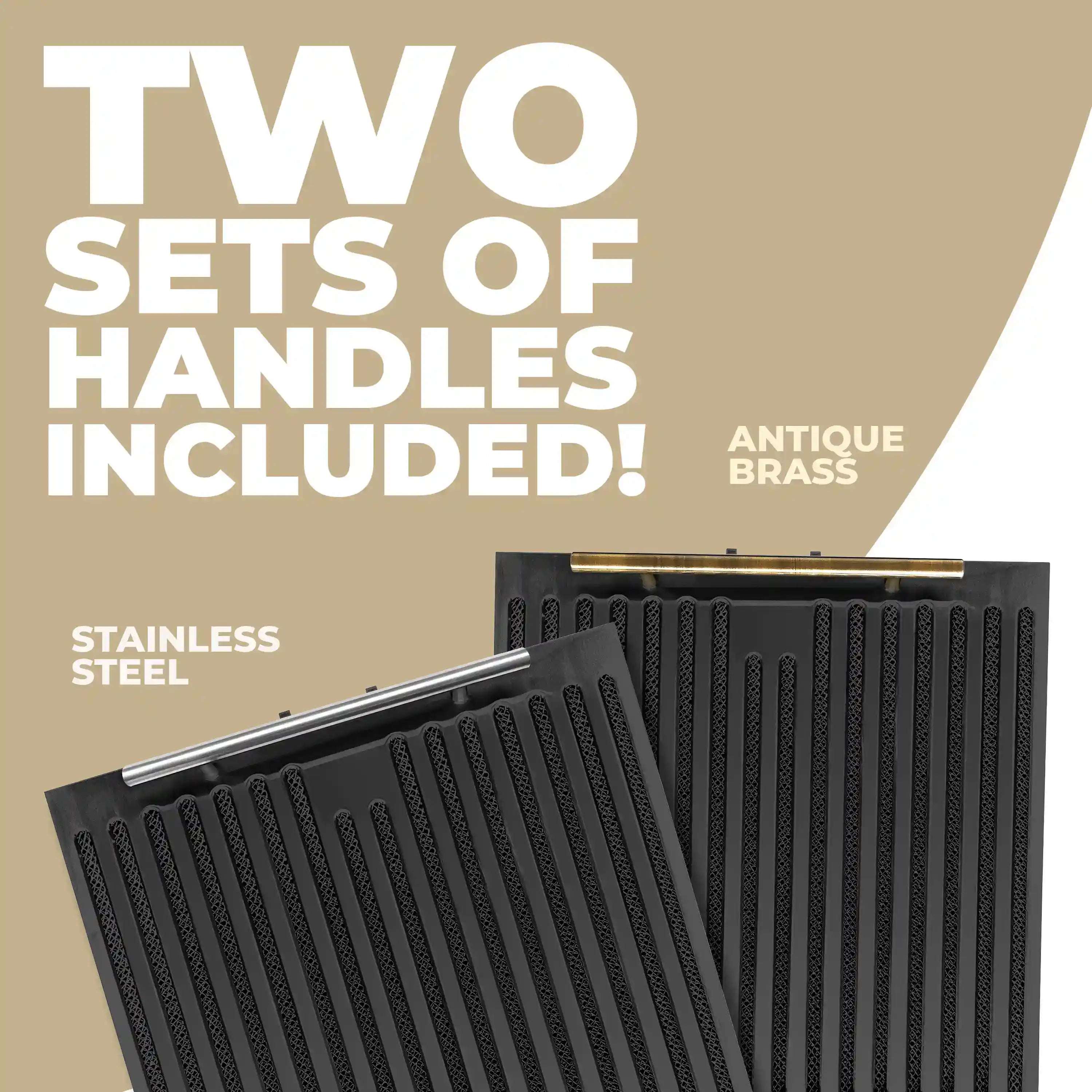 Black under-cabinet range hood filter panel with vertical grille and antique brass rail