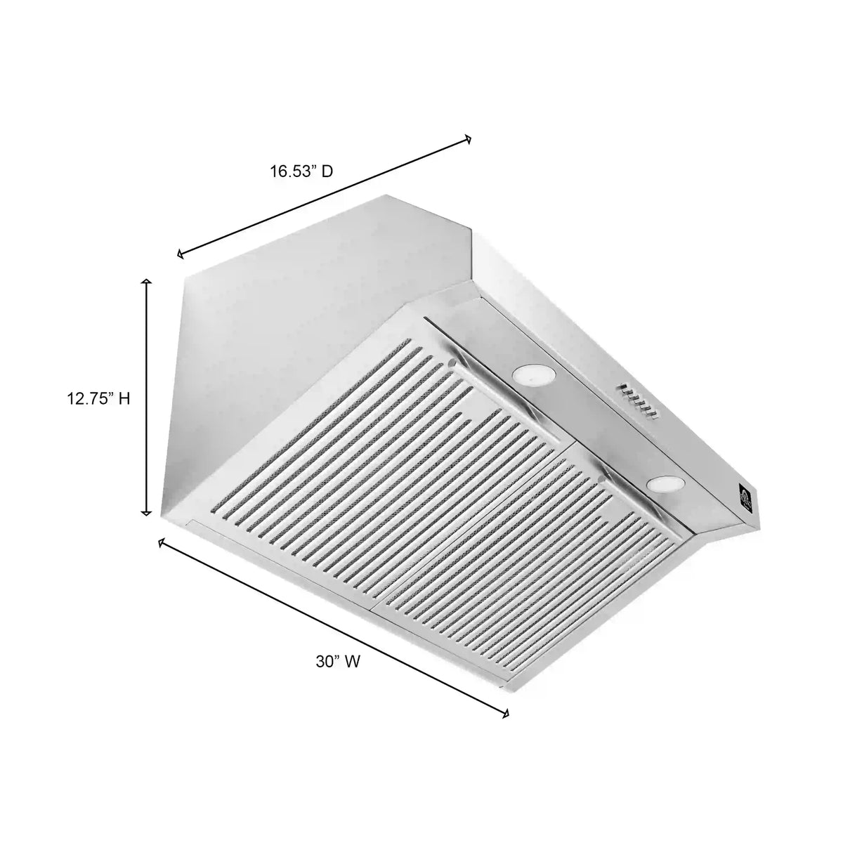 Under-cabinet range hood angled view with vent grille and indicator lights