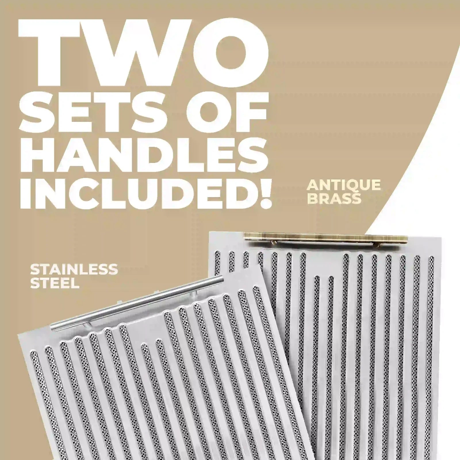 Stainless steel range hood grille with two sets of included handle graphic