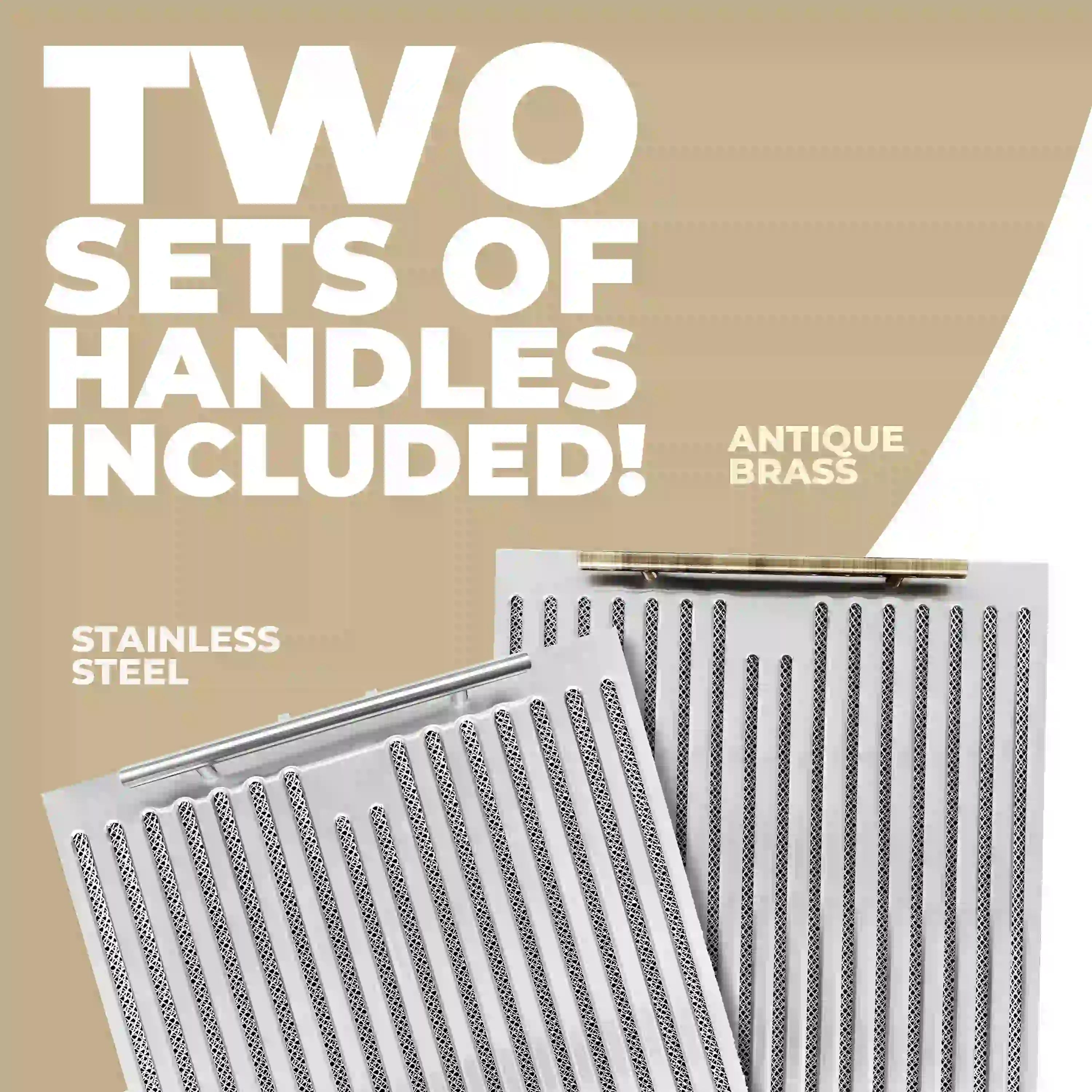 Stainless steel range hood front grille panel with two metal handle bars